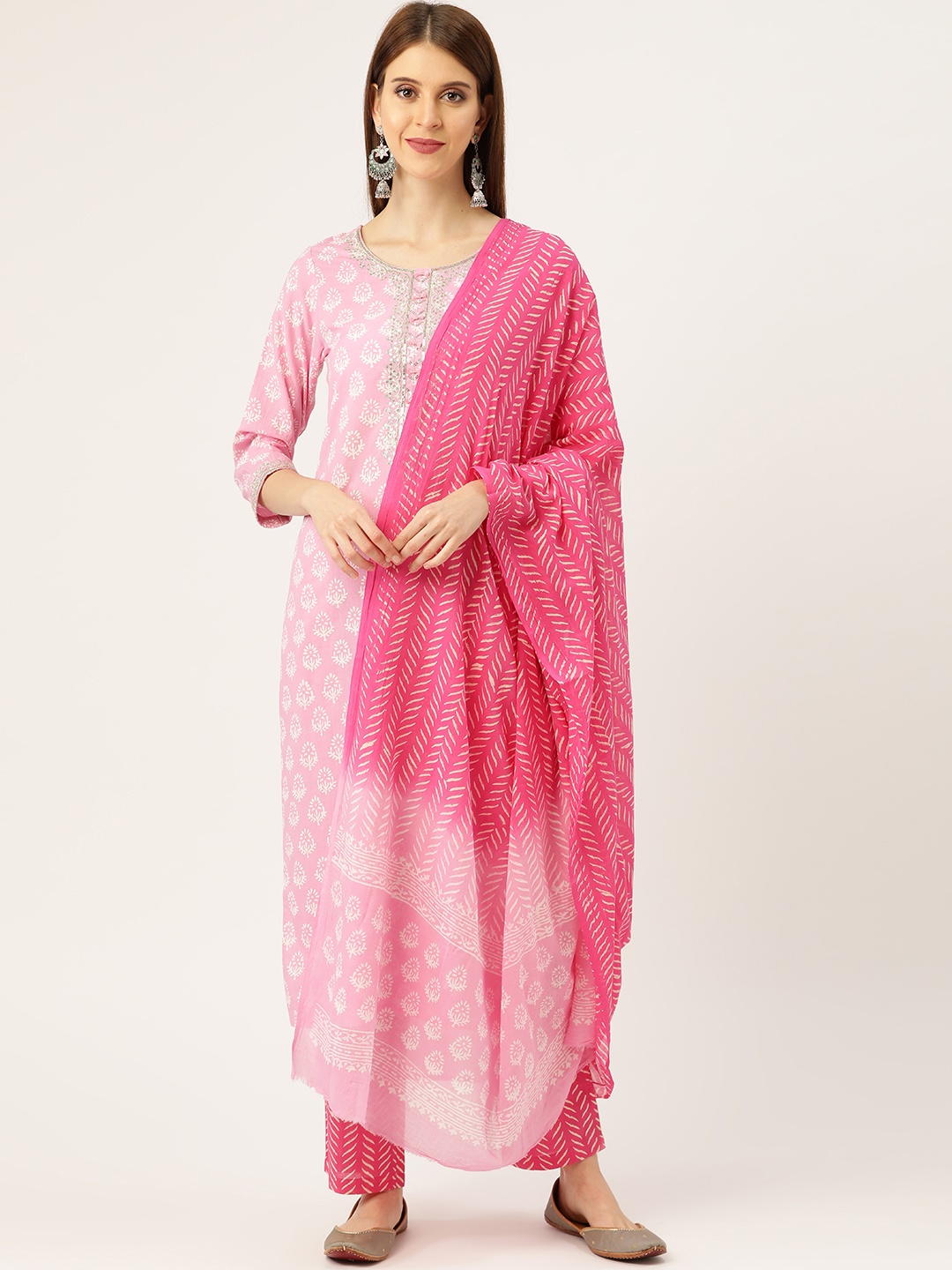 Prakrti Women Pink & White Handblock Printed & Sequinned Sustainable Kurta with Trousers & Dupatta
Prakrti Women Pink & White Handblock Printed & Sequinned Sustainable Kurta with Trousers & Dupatta