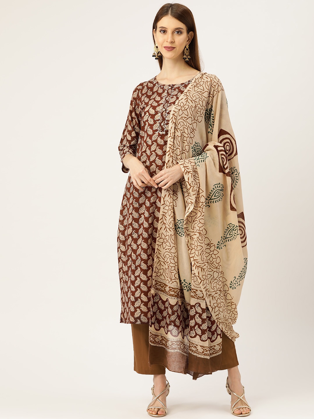 Prakrti Women Maroon & Brown Hand Block Daabu Paisley Print Sustainable Kurta with Trousers & Dupatta
Prakrti Women Maroon & Brown Hand Block Daabu Paisley Print Sustainable Kurta with Trousers & Dupatta