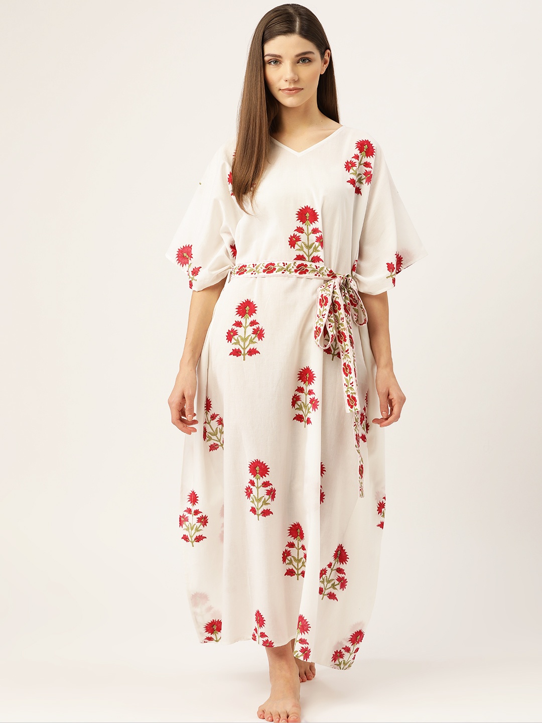 Prakrti Women White & Red Hand Block Mughal Boota Print Kaftan Maxi Sustainable Nightdress with Belt
Prakrti Women White & Red Hand Block Mughal Boota Print Kaftan Maxi Sustainable Nightdress with Belt