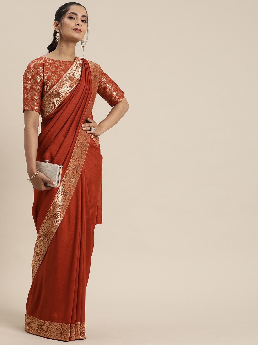 Inddus Rust Red Solid Silk Blend Saree