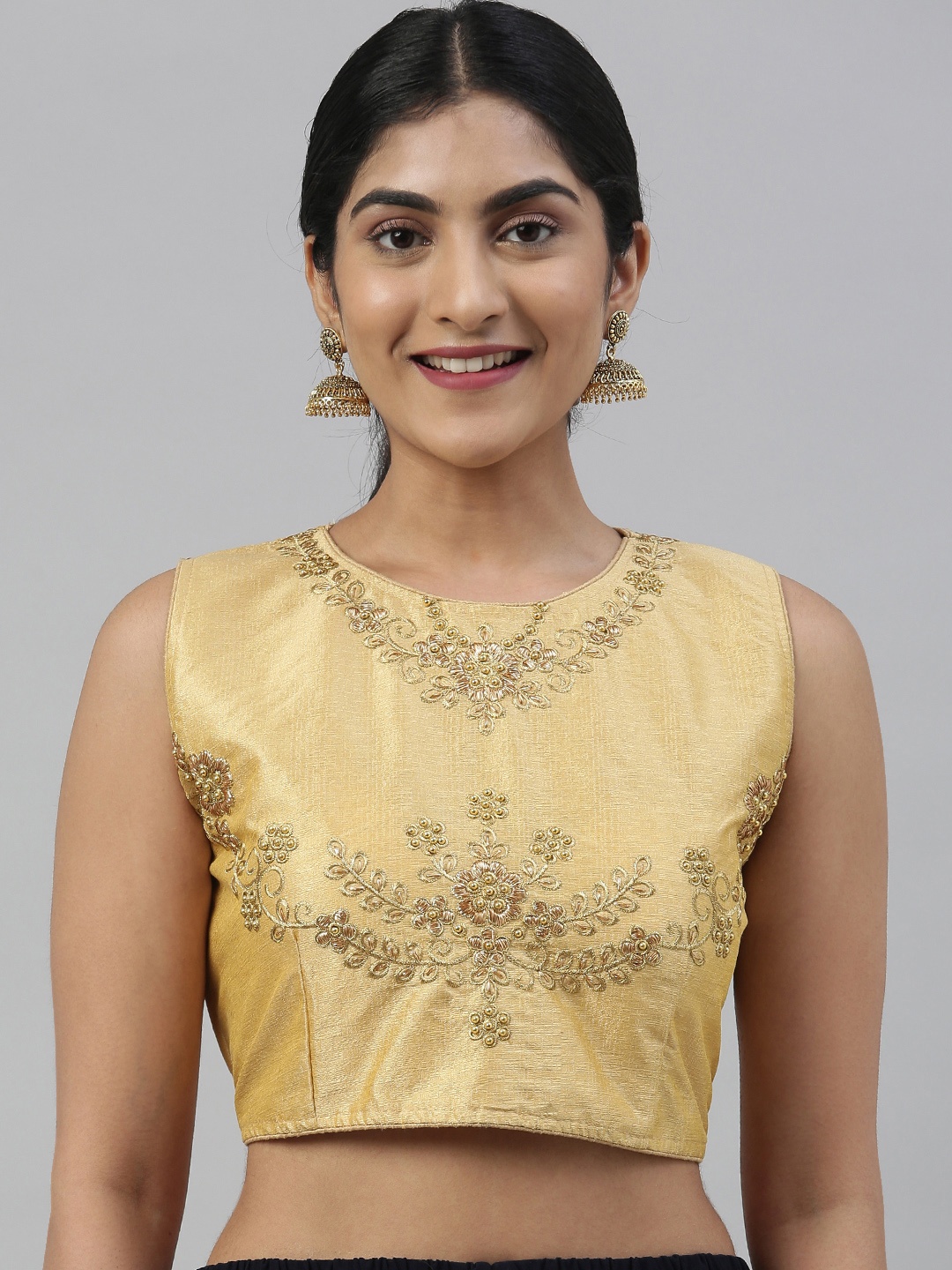 MIMOSA Women Cream-Coloured & Gold-Toned Embroidered Art Silk Saree Blouse