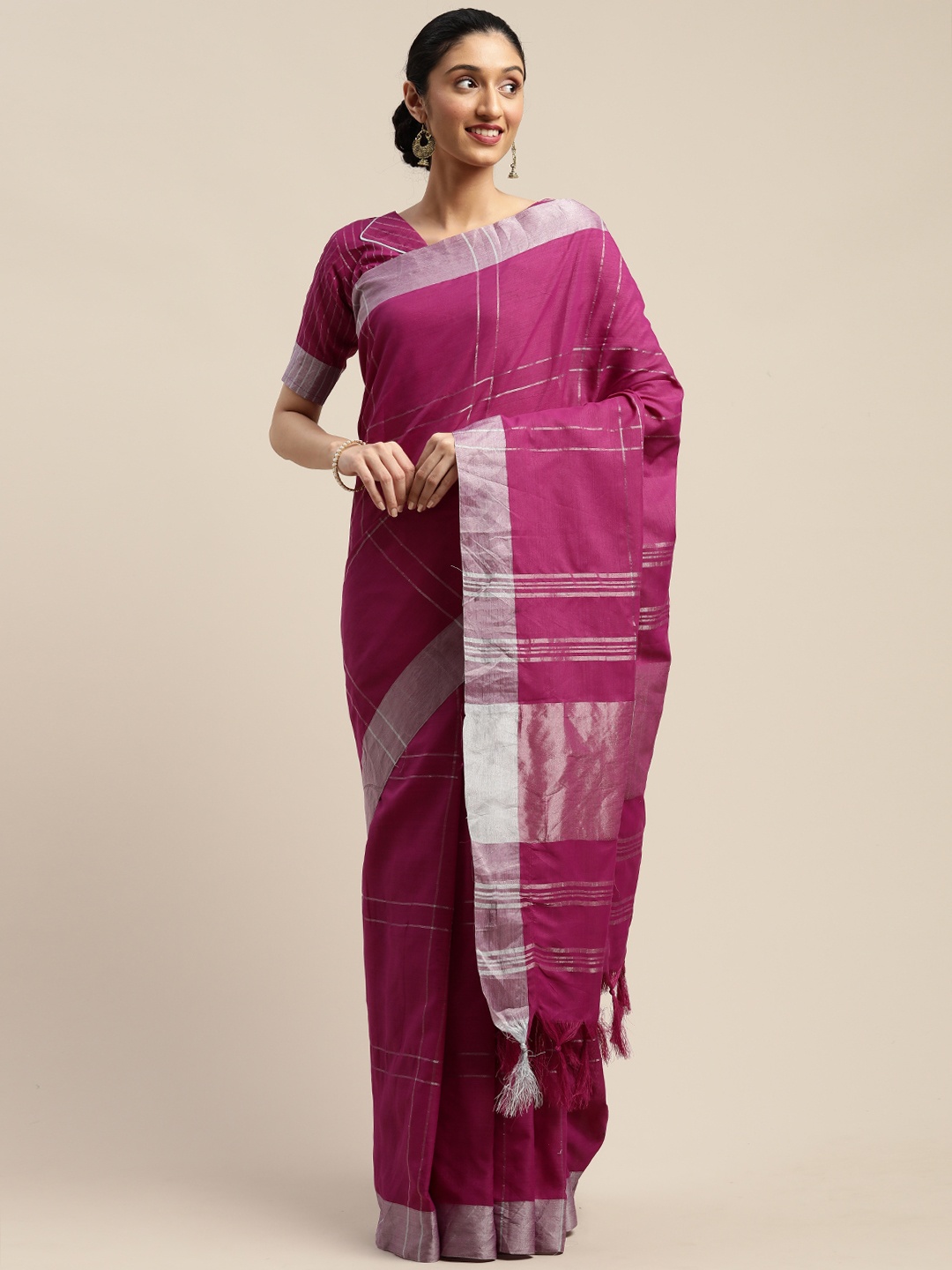 SHAVYA Burgundy & Silver-Toned Cotton Blend Checked Saree