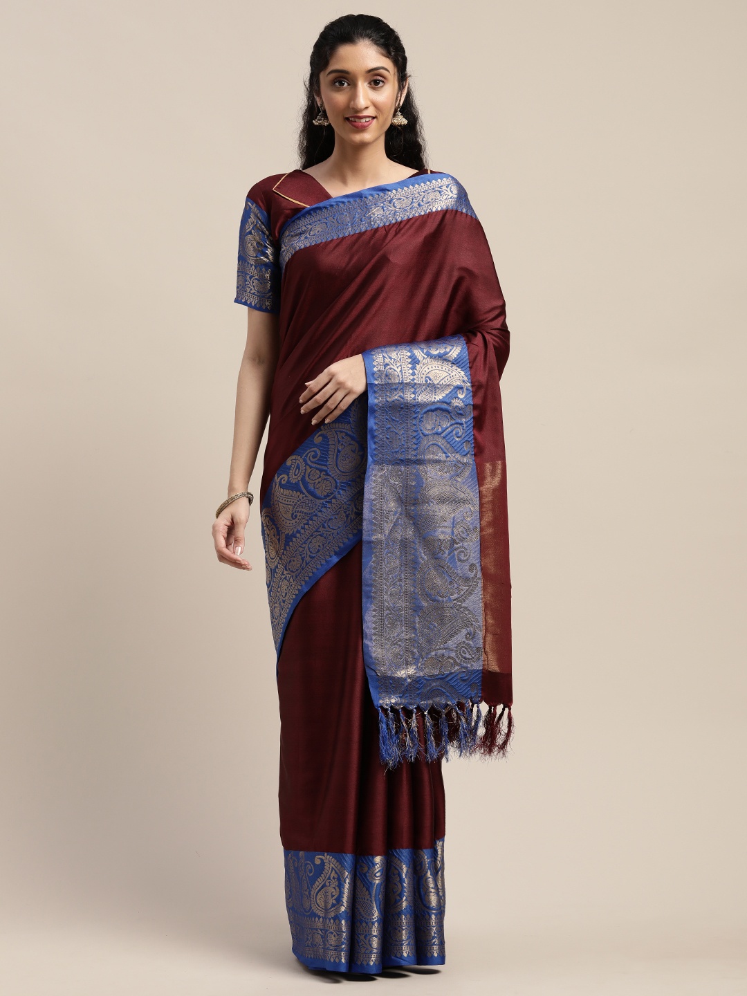 SHAVYA Coffee Brown & Blue Art Silk Solid Saree