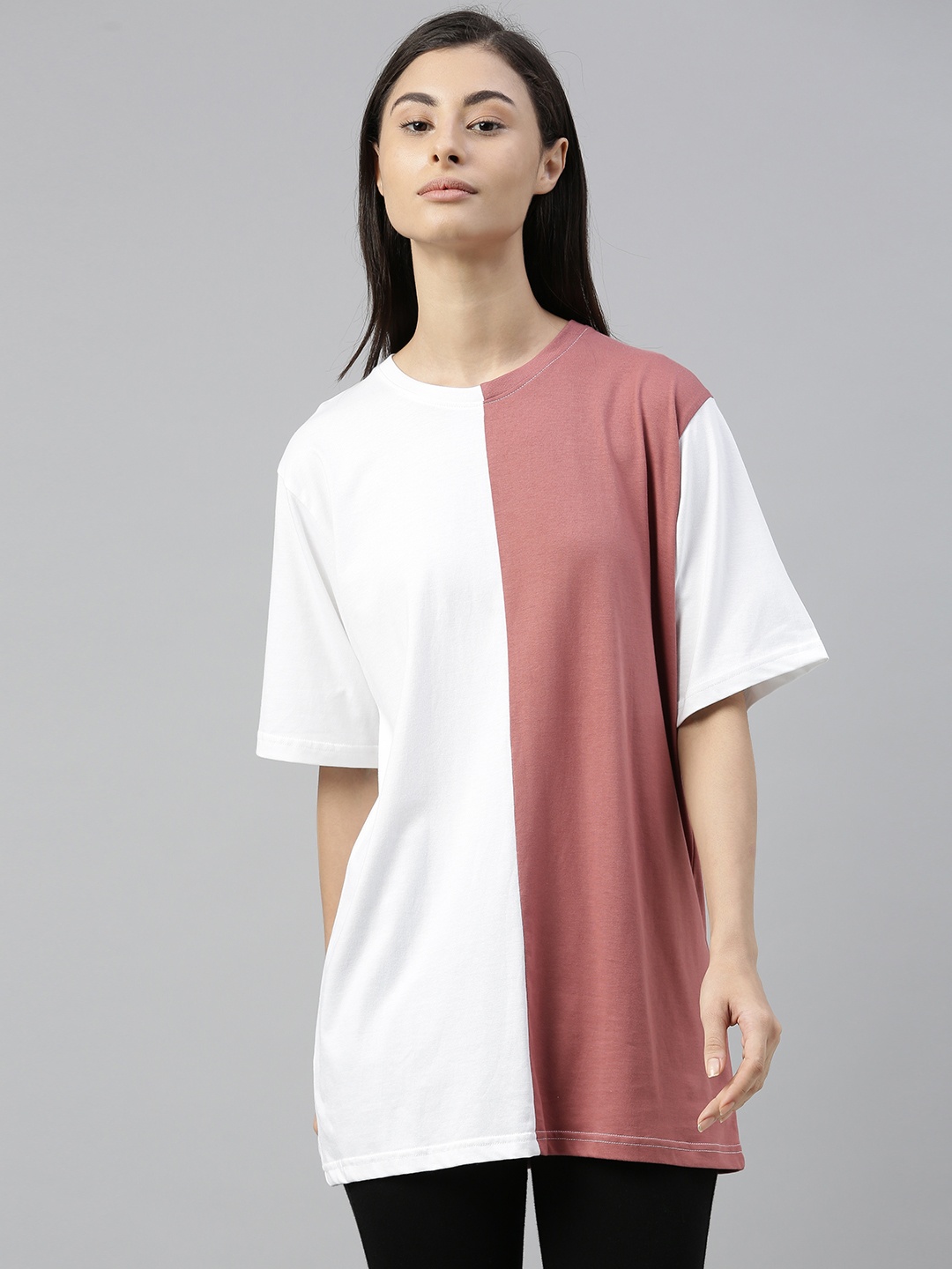 QUARANTINE Women Coral Pink & White Colourblocked Round Neck Oversized Lounge T-shirt
QUARANTINE Women Coral Pink & White Colourblocked Round Neck Oversized Lounge T-shirt