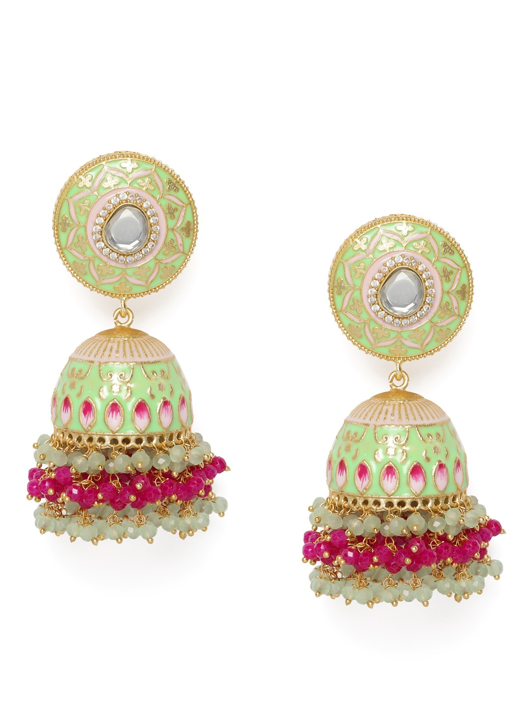 Peora Sea Green & Pink Gold-Plated Handcrafted Enamelled Meenakari Dome Shaped Jhumkas
Peora Sea Green & Pink Gold-Plated Handcrafted Enamelled Meenakari Dome Shaped Jhumkas