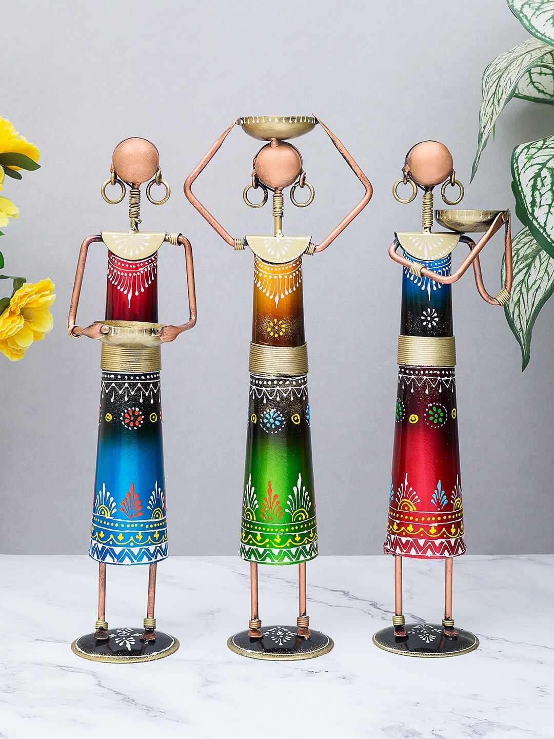 Golden Peacock Set Of 3 Multicoloured Rajasthani Working Lady Metal Figurine Showpieces, Blue
Golden Peacock Set Of 3 Multicoloured Rajasthani Working Lady Metal Figurine Showpieces, Blue