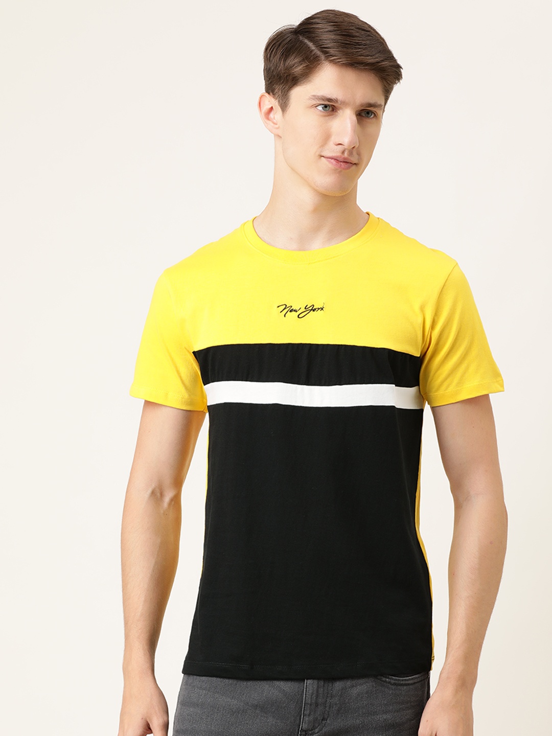 The Indian Garage Co Men Black Yellow Colourblocked Round Neck Pure Cotton T-shirt
The Indian Garage Co Men Black Yellow Colourblocked Round Neck Pure Cotton T-shirt
