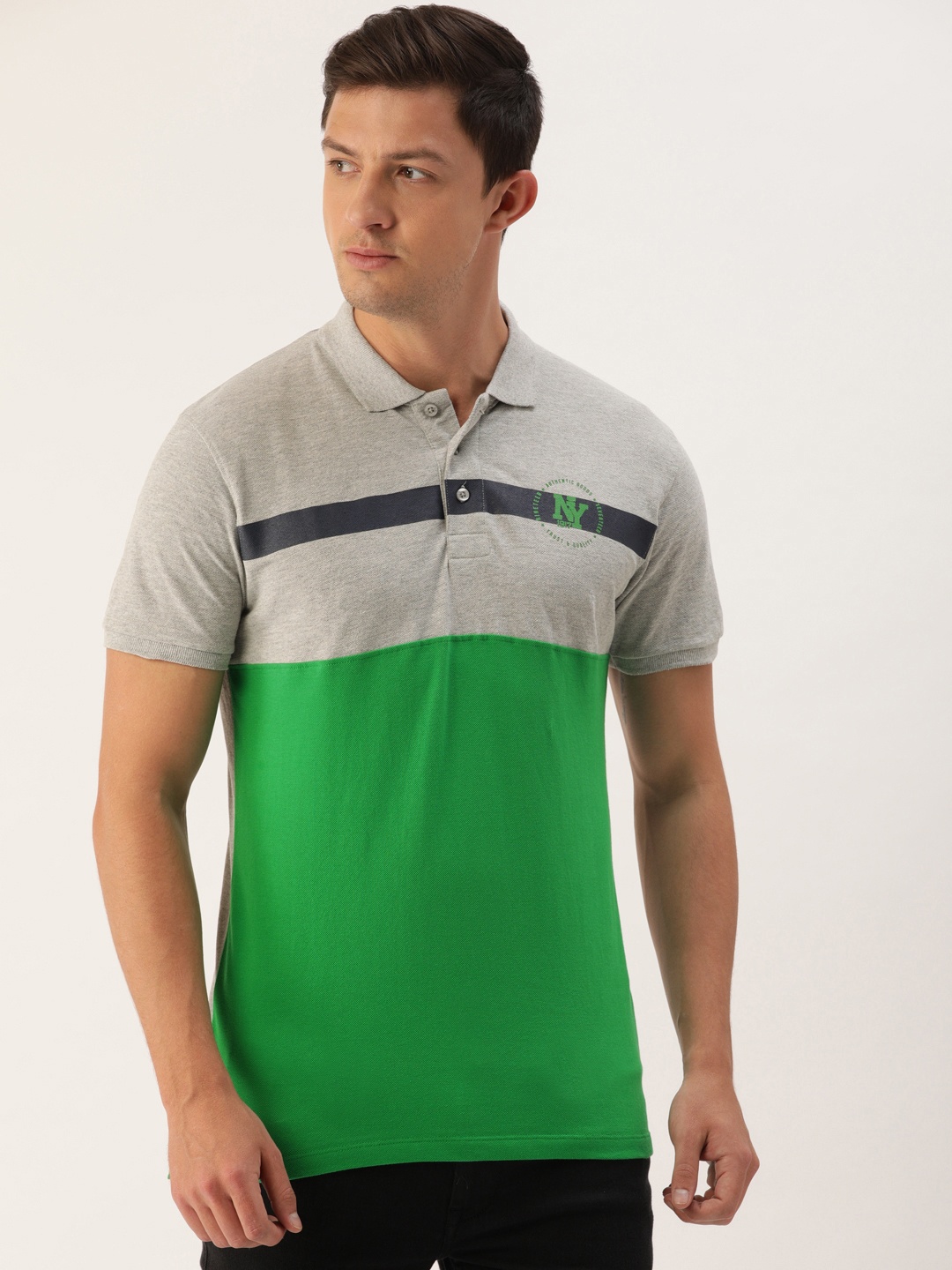 The Indian Garage Co Men Grey Melange Green Colourblocked Polo Collar Pure Cotton T-shirt
The Indian Garage Co Men Grey Melange Green Colourblocked Polo Collar Pure Cotton T-shirt