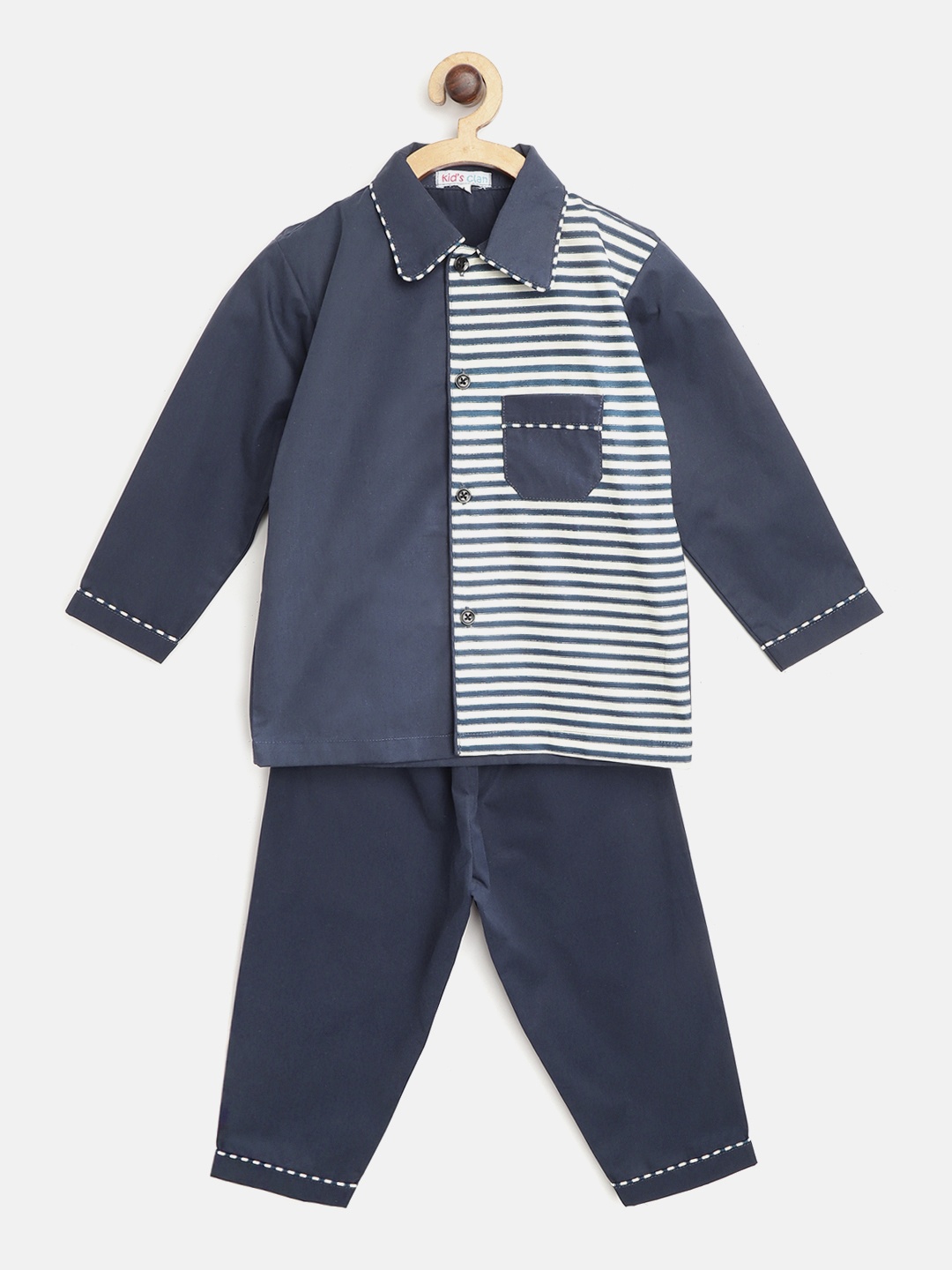 Kids Clan Kids Navy Blue & Cream-Coloured Striped Night Suit with Colourblocked Detail
Kids Clan Kids Navy Blue & Cream-Coloured Striped Night Suit with Colourblocked Detail