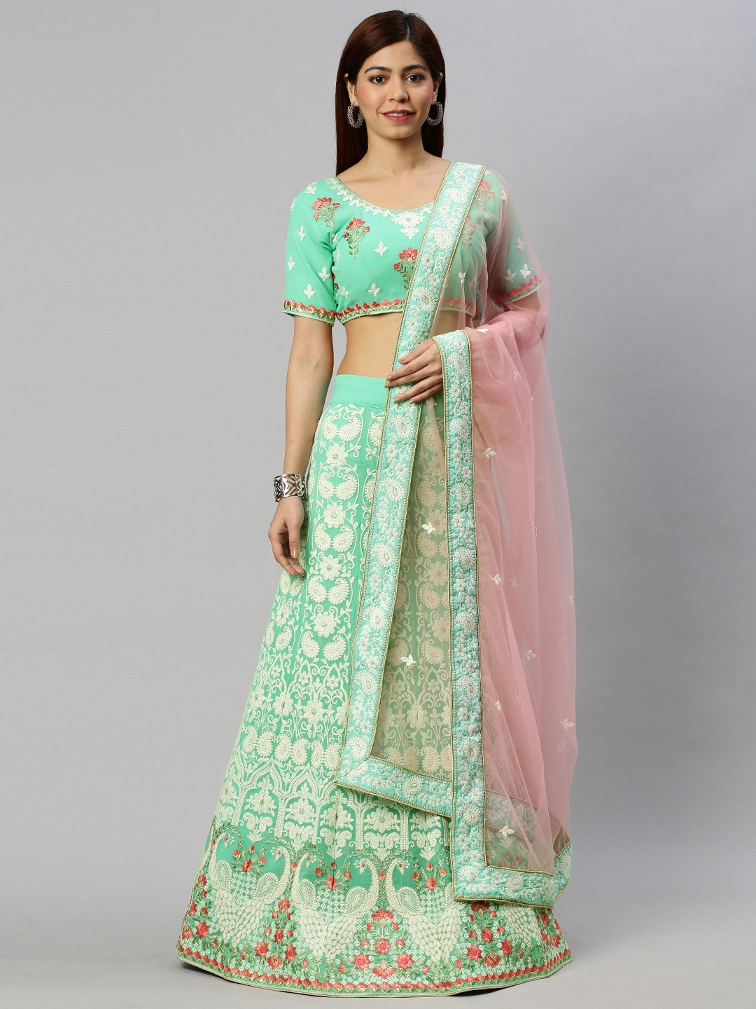 flaher Green & Pink Embroidered Semi-Stitched Lehenga & Unstitched Blouse with Dupatta
flaher Green & Pink Embroidered Semi-Stitched Lehenga & Unstitched Blouse with Dupatta