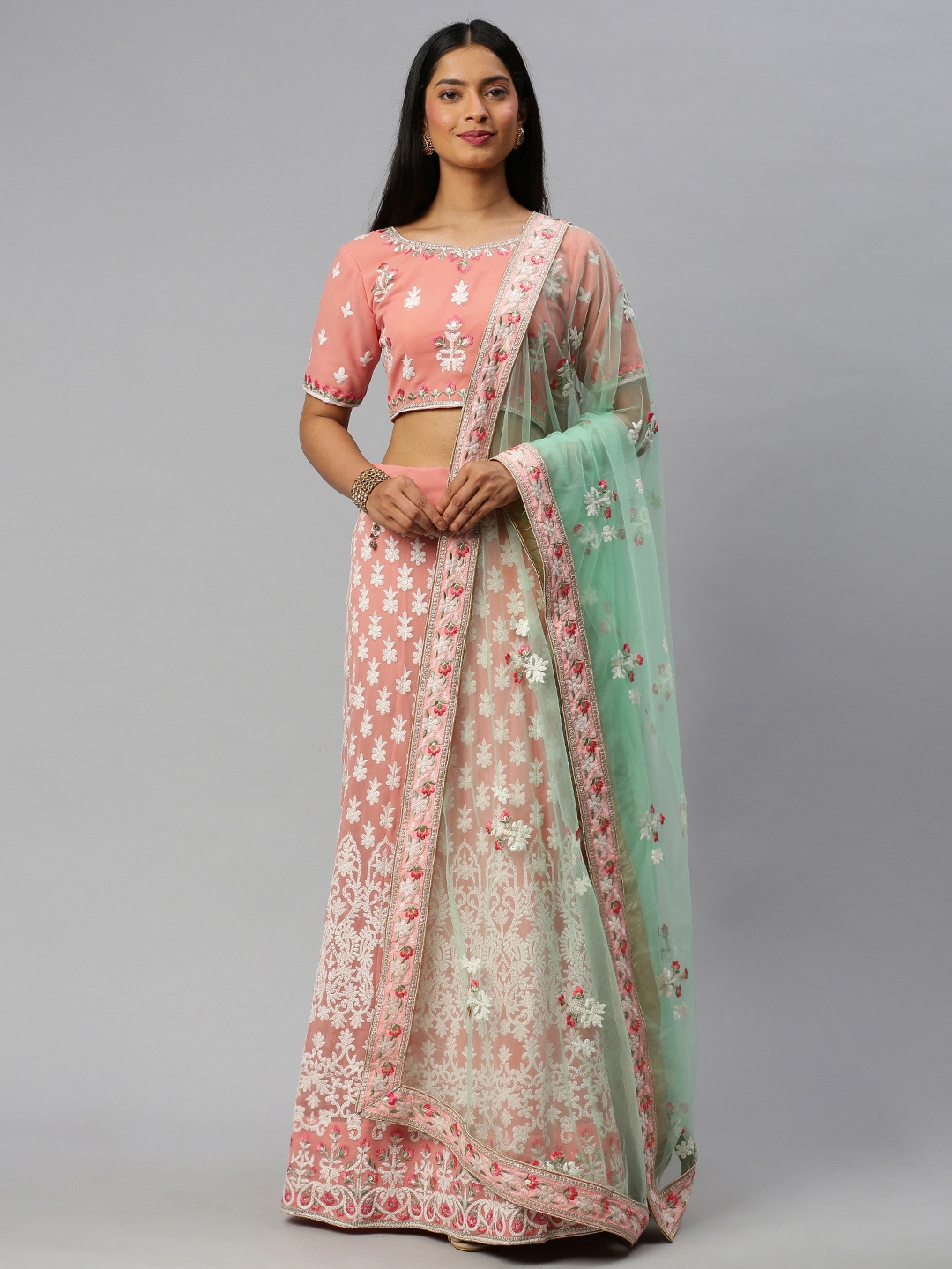 flaher Peach-Coloured & Green Embroidered Semi-Stitched Lehenga & Unstitched Blouse with Dupatta
flaher Peach-Coloured & Green Embroidered Semi-Stitched Lehenga & Unstitched Blouse with Dupatta