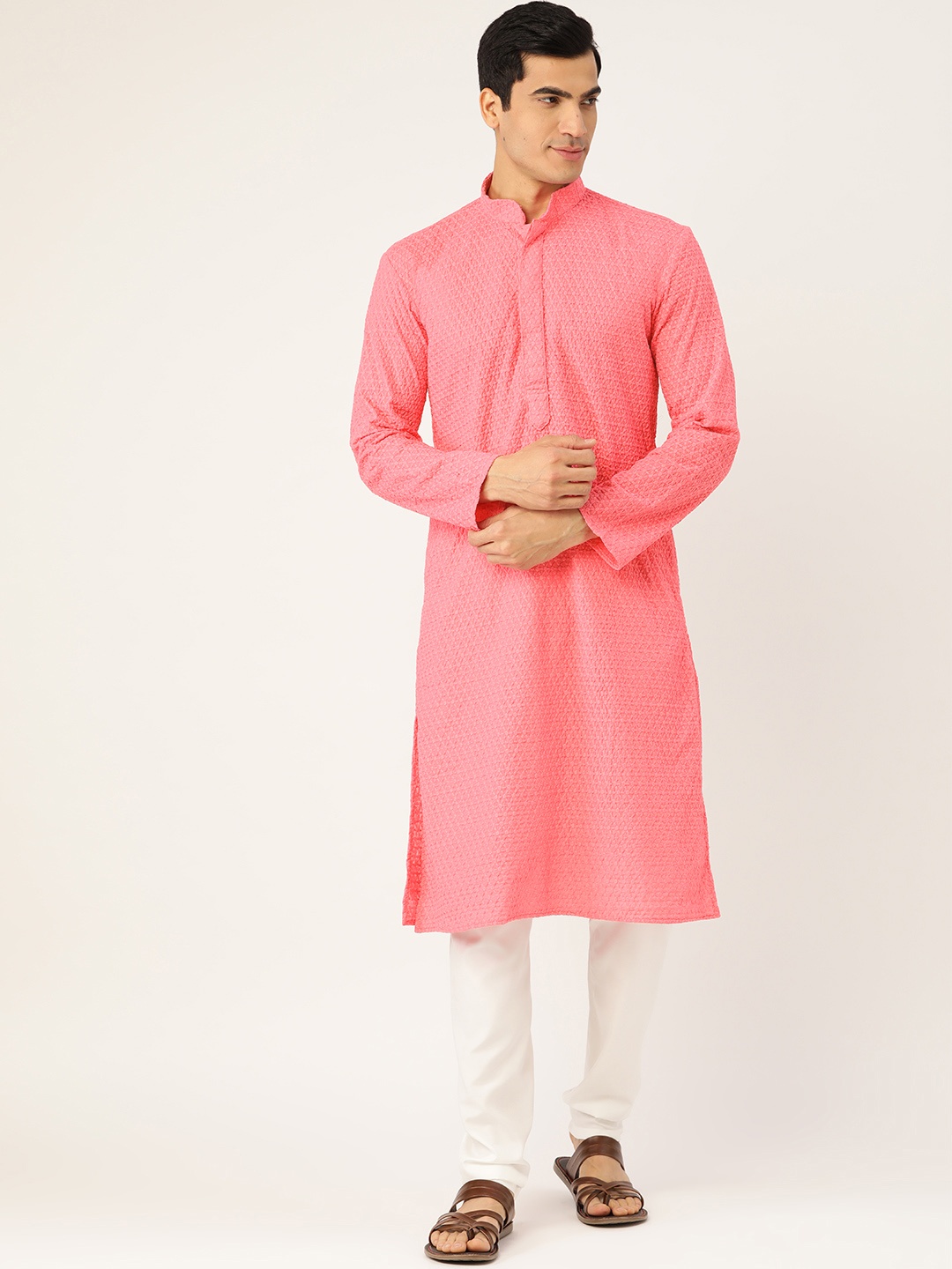 RAJUBHAI HARGOVINDAS Men Pink & Off-White Pure Cotton Embroidered Kurta with Churidar
RAJUBHAI HARGOVINDAS Men Pink & Off-White Pure Cotton Embroidered Kurta with Churidar