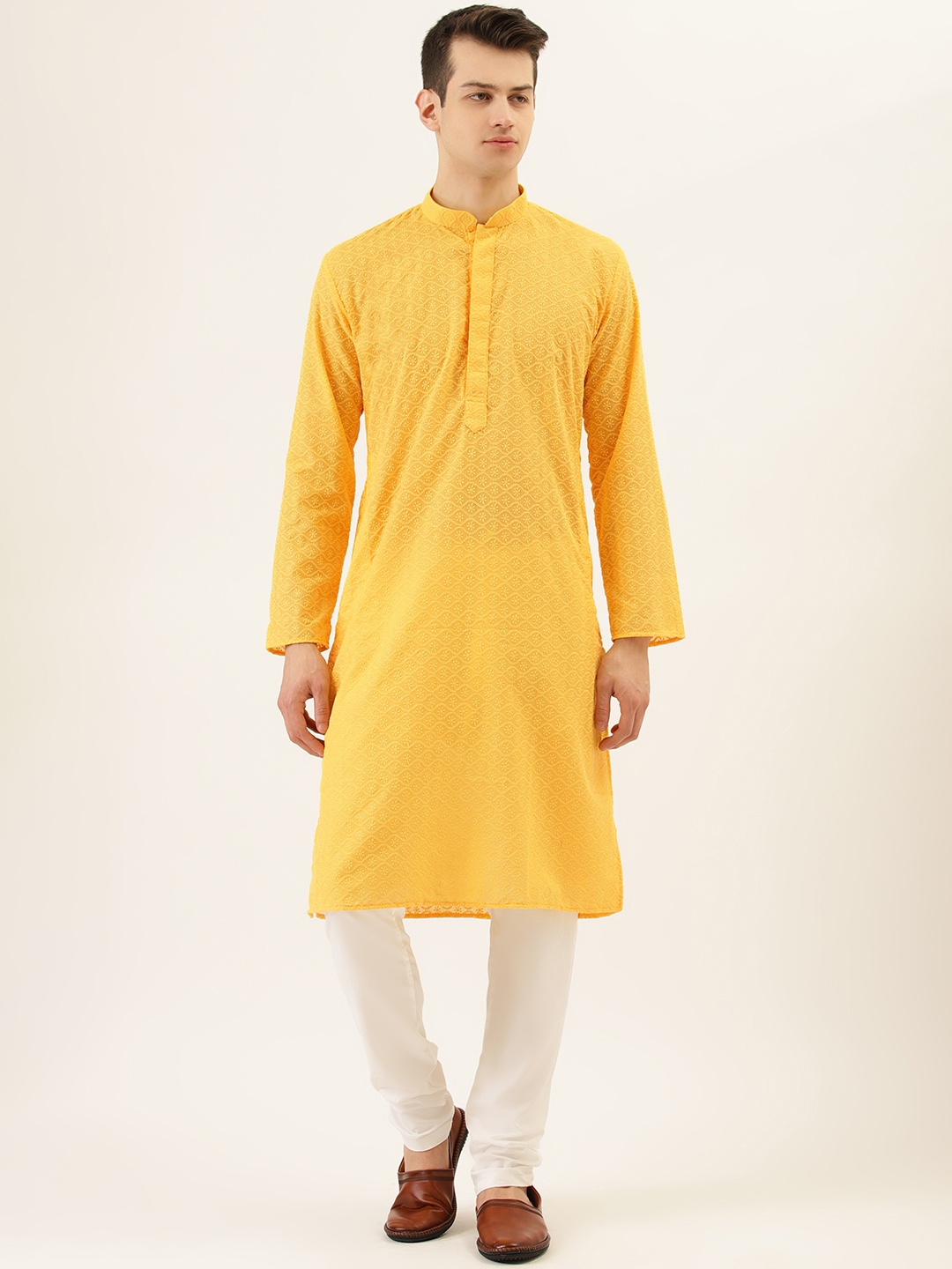 RAJUBHAI HARGOVINDAS Men Yellow & Off-White Chikankari Embroidered Pure Cotton Kurta Set
RAJUBHAI HARGOVINDAS Men Yellow & Off-White Chikankari Embroidered Pure Cotton Kurta Set