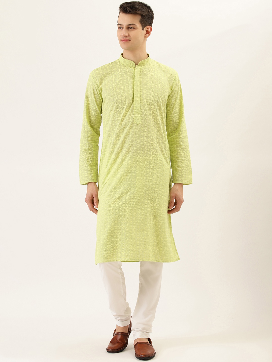 RAJUBHAI HARGOVINDAS Men Lime Green & White Chikankari Embroidered Kurta with Churidar
RAJUBHAI HARGOVINDAS Men Lime Green & White Chikankari Embroidered Kurta with Churidar