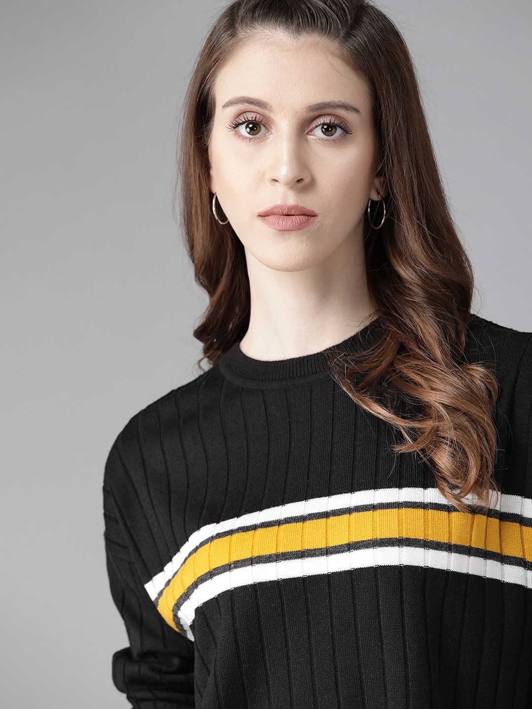 The Roadster Lifestyle Co Women Black & Mustard Yellow Self-Striped Pullover Sweater
The Roadster Lifestyle Co Women Black & Mustard Yellow Self-Striped Pullover Sweater