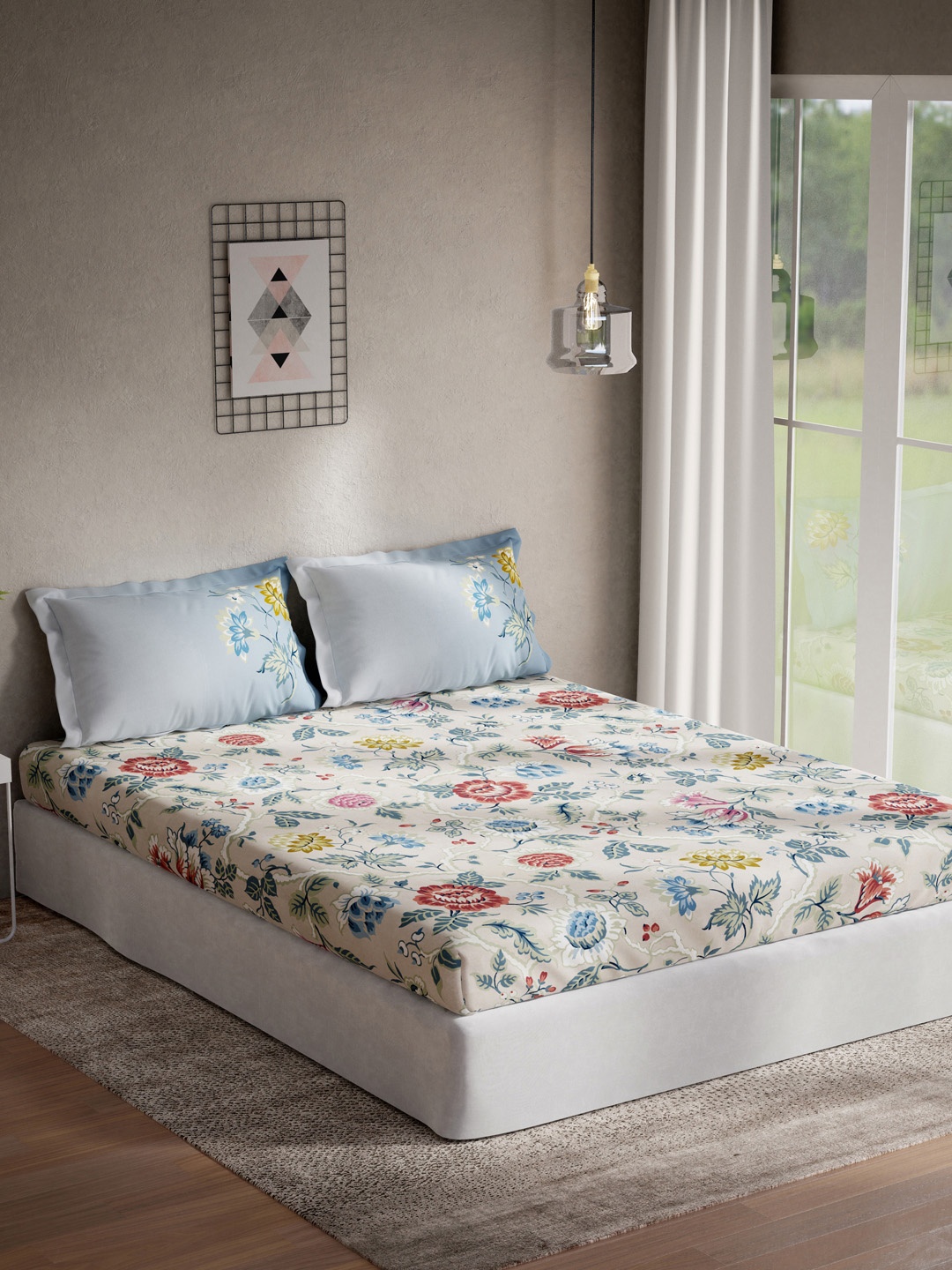 DDecor Taupe & Blue Printed 140 TC Queen Bedsheet With 2 Pillow Covers