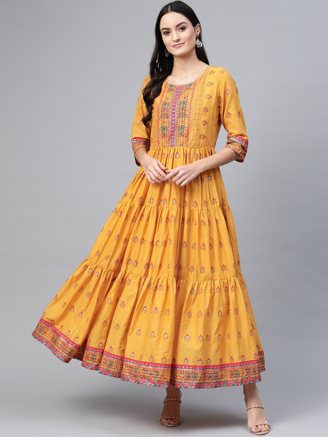 W Mustard Yellow & Pink Ethnic Motifs Printed Pure Cotton Anarkali Tiered Maxi Dress
W Mustard Yellow & Pink Ethnic Motifs Printed Pure Cotton Anarkali Tiered Maxi Dress