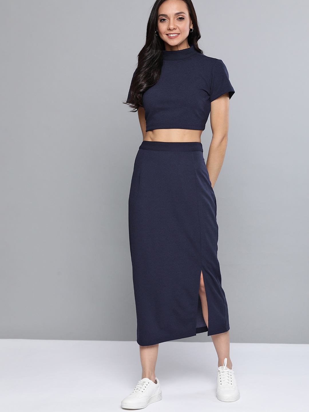 Mast & Harbour Women Navy Blue Solid Co-ordinate Sets Dress