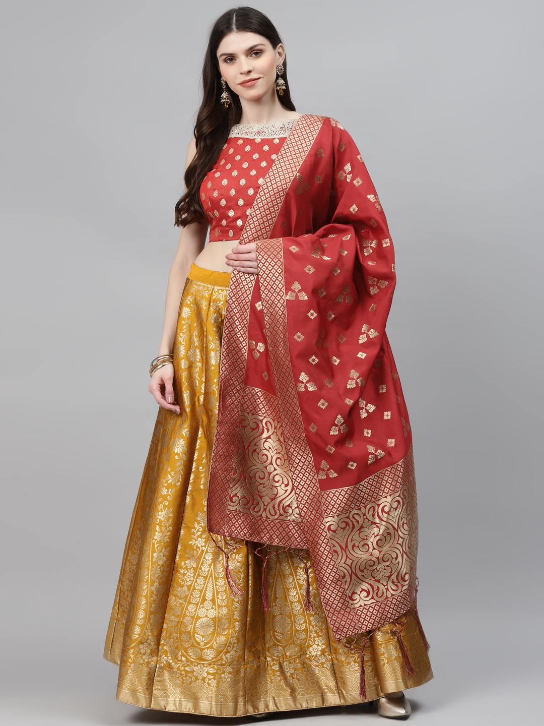 Chhabra 555 Mustard & Red Woven Design Semi-Stitched Lehenga & Unstitched Blouse with Dupatta
Chhabra 555 Mustard & Red Woven Design Semi-Stitched Lehenga & Unstitched Blouse with Dupatta