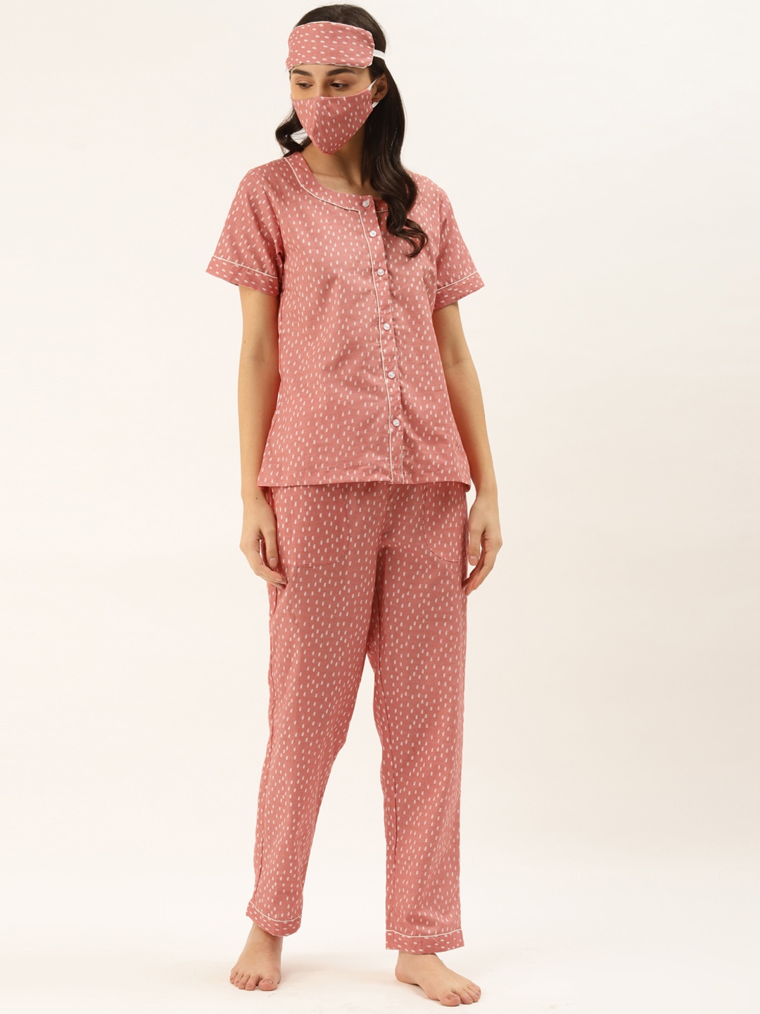 Rapra The Label Women Peach-Coloured & White Dotted Night Suit with Eye & Face Masks
Rapra The Label Women Peach-Coloured & White Dotted Night Suit with Eye & Face Masks