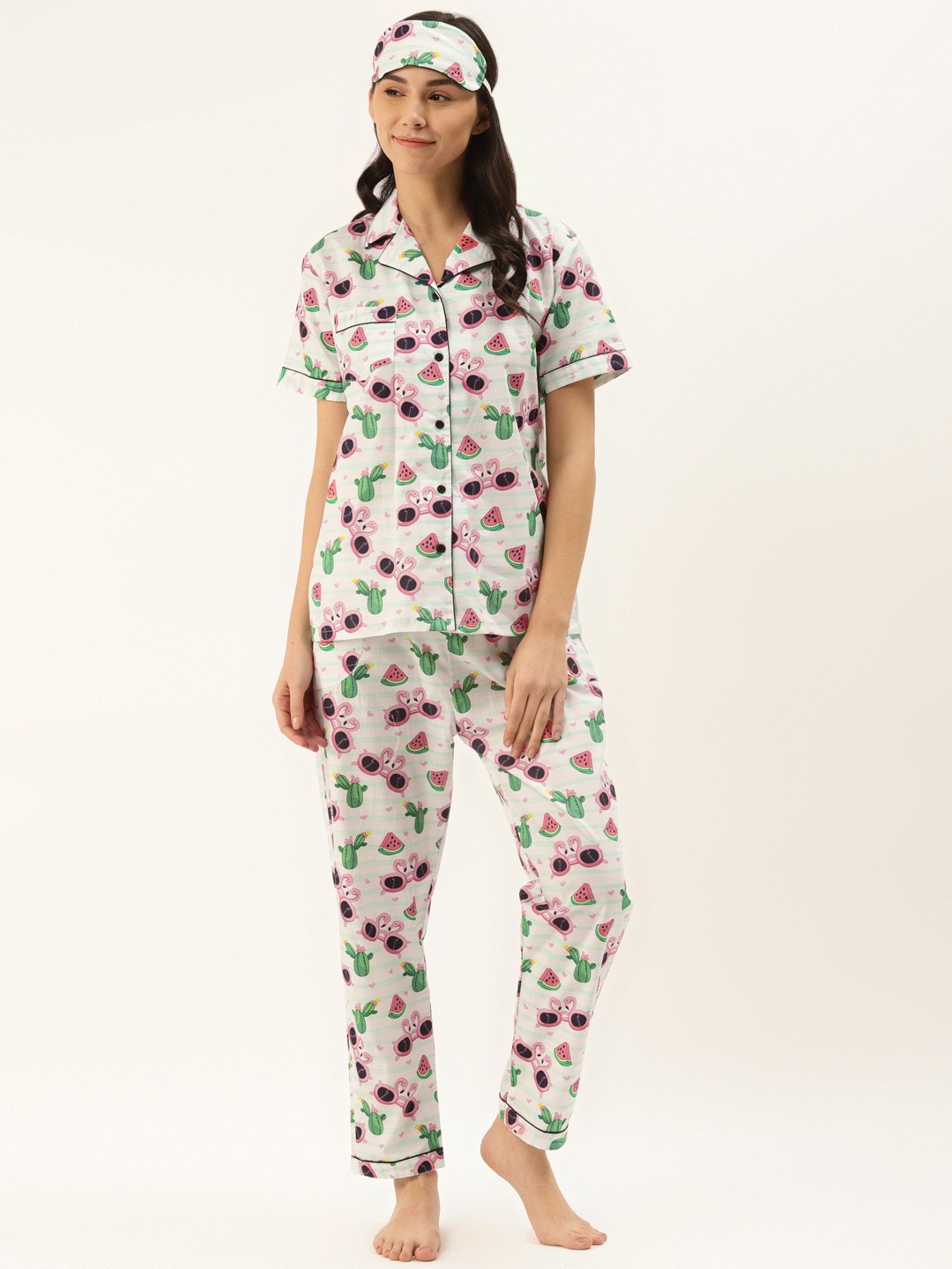 Rapra The Label Women White & Pink Quirky Printed Pure Cotton Night Suit With Eye Mask
Rapra The Label Women White & Pink Quirky Printed Pure Cotton Night Suit With Eye Mask