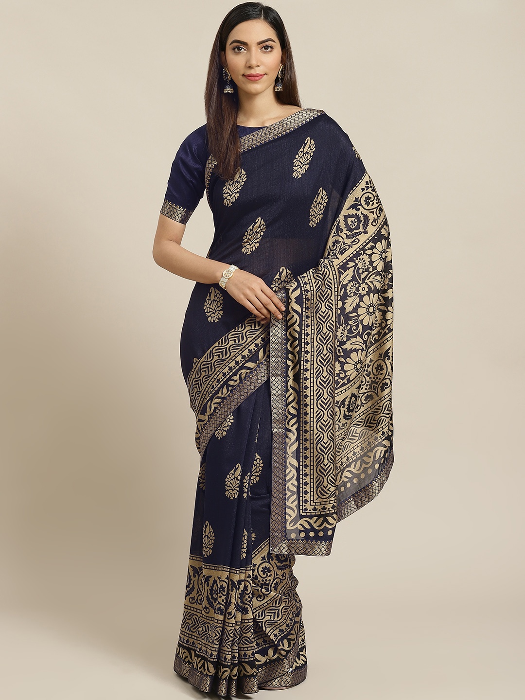 Libas Navy Blue & Golden Printed Saree