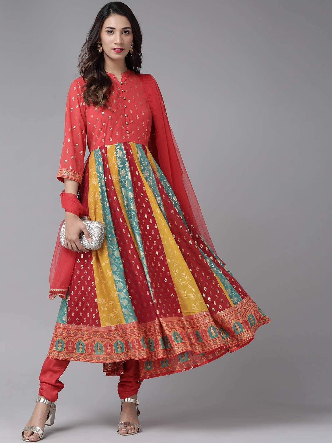 Juniper Women Coral Red & Yellow Printed Kurta with Churidar & Dupatta