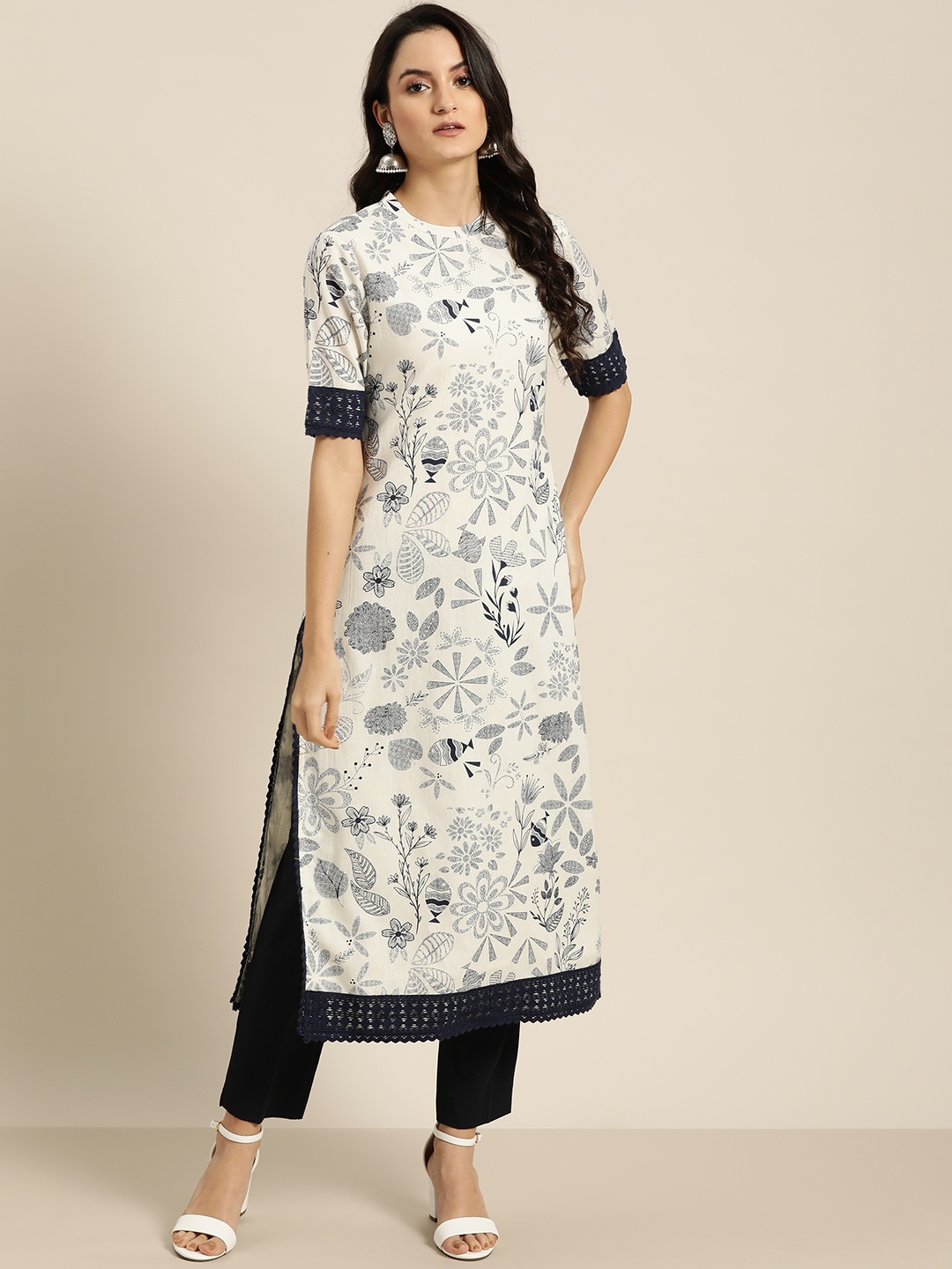 Moda Rapido Women Off-White & Navy Blue Floral Print Straight Kurta with Crochet Detail
Moda Rapido Women Off-White & Navy Blue Floral Print Straight Kurta with Crochet Detail
