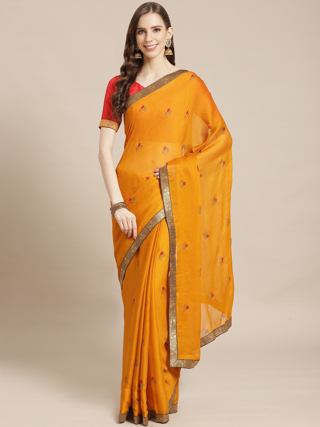 Libas Orange Printed Pure Chiffon Saree