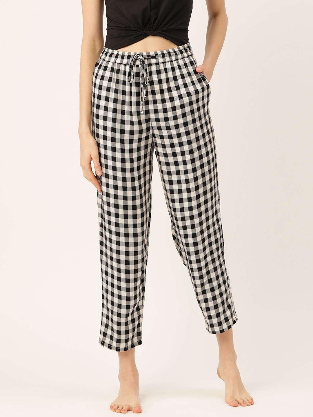 ETC Women Black & Off-White Checked Lounge Pants