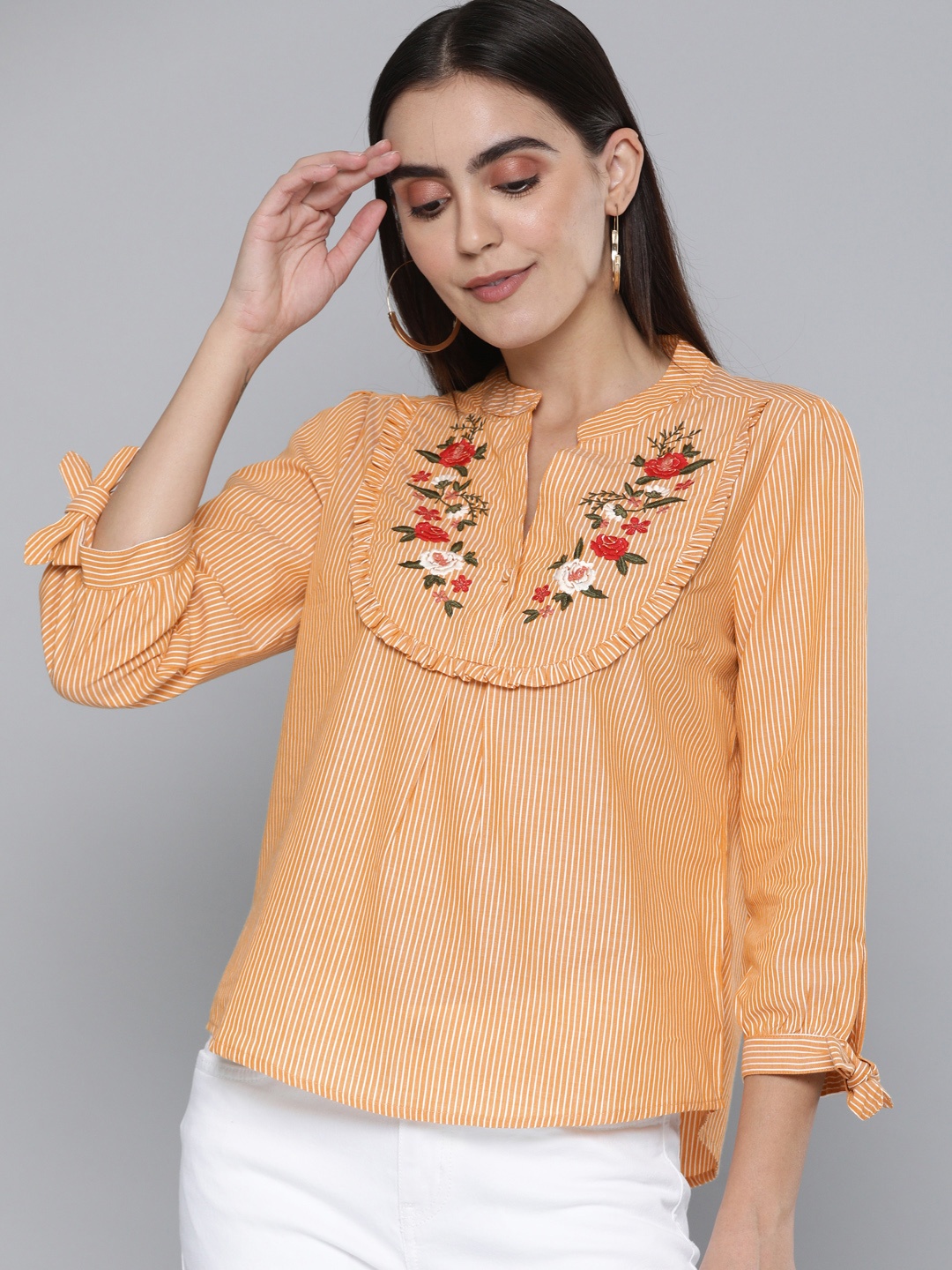 Chemistry Orange & White Striped Mandarin Collar Pure Cotton Top with Embroidered Detail
Chemistry Orange & White Striped Mandarin Collar Pure Cotton Top with Embroidered Detail