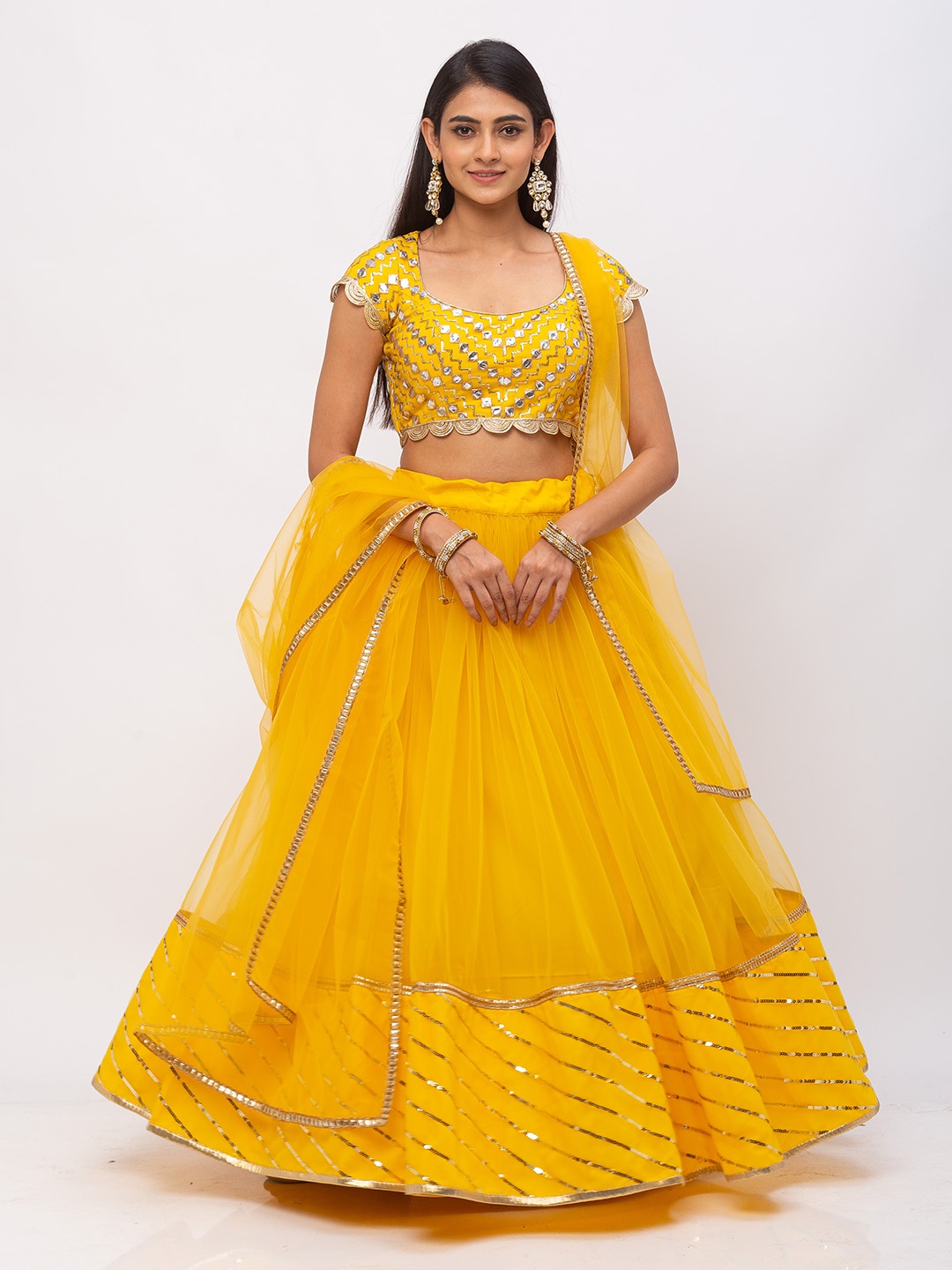 6Y COLLECTIVE Women Mustard Yellow Sequin Embroidered Leheriya Hem Ready to Wear Net Lehenga & Unstitched Choli with Dupatta
6Y COLLECTIVE Women Mustard Yellow Sequin Embroidered Leheriya Hem Ready to Wear Net Lehenga & Unstitched Choli with Dupatta
