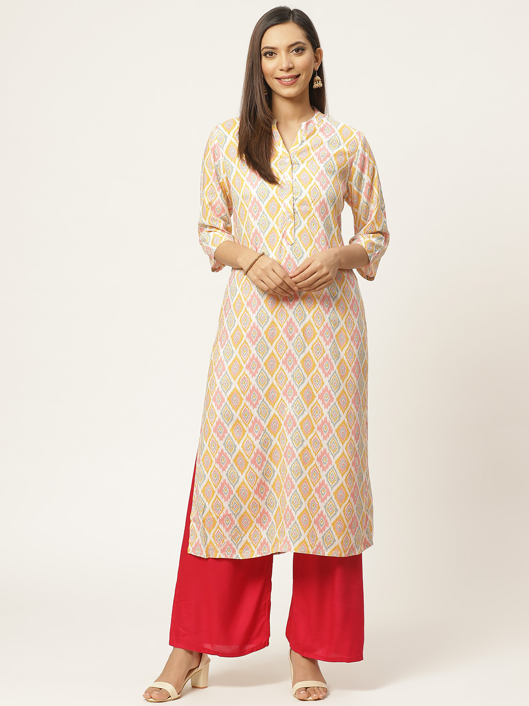 ZIZO By Namrata Bajaj Women Yellow & Pink Printed Straight Kurta 
ZIZO By Namrata Bajaj Women Yellow & Pink Printed Straight Kurta
