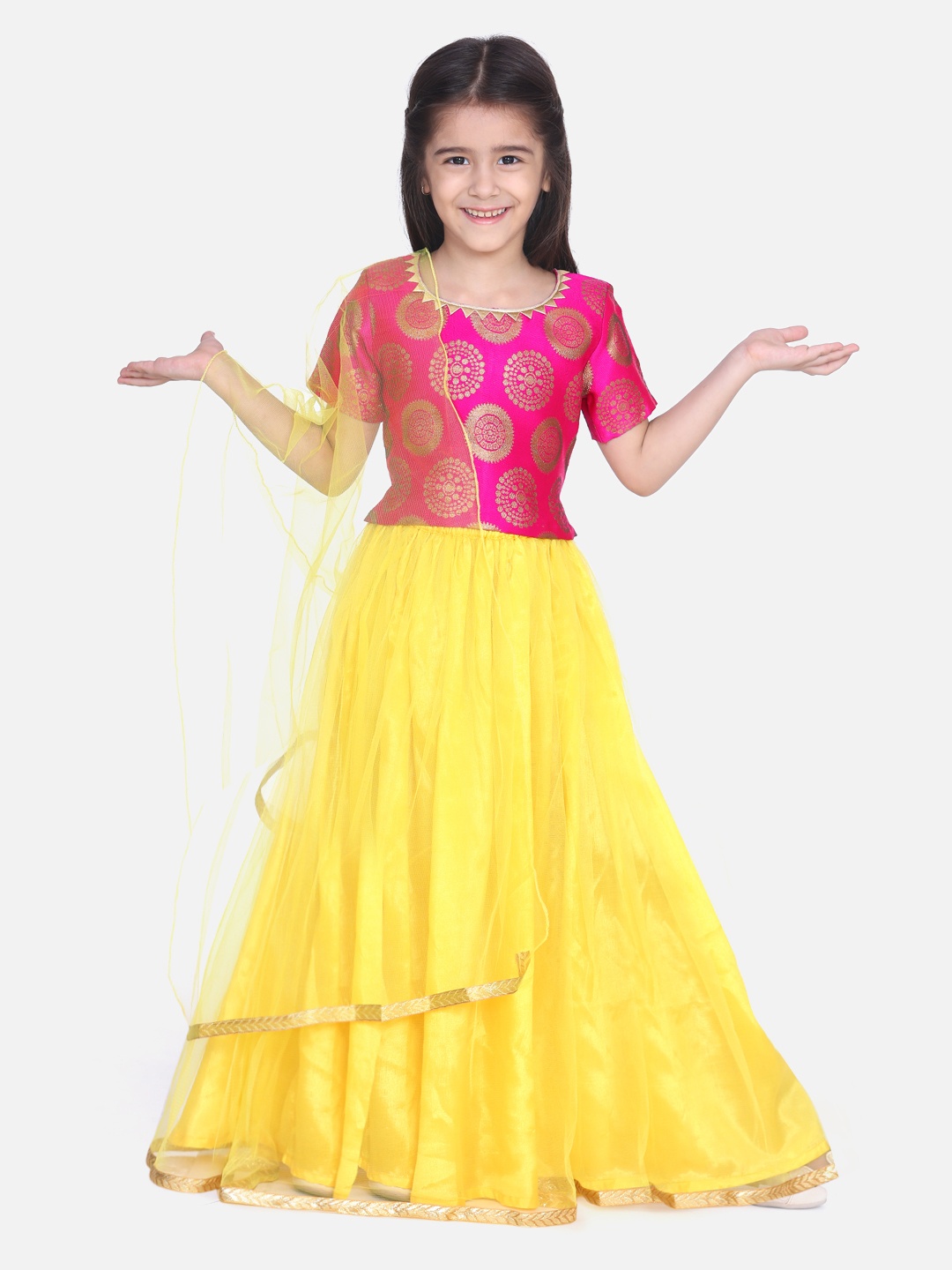 BownBee Girls Pink & Yellow Woven Design Ready to Wear Lehenga & Blouse with Dupatta