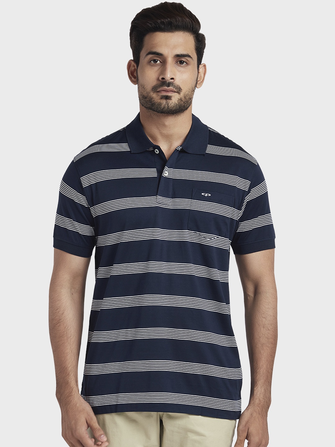 ColorPlus Men Navy Blue & Grey Striped Polo Collar T-shirt