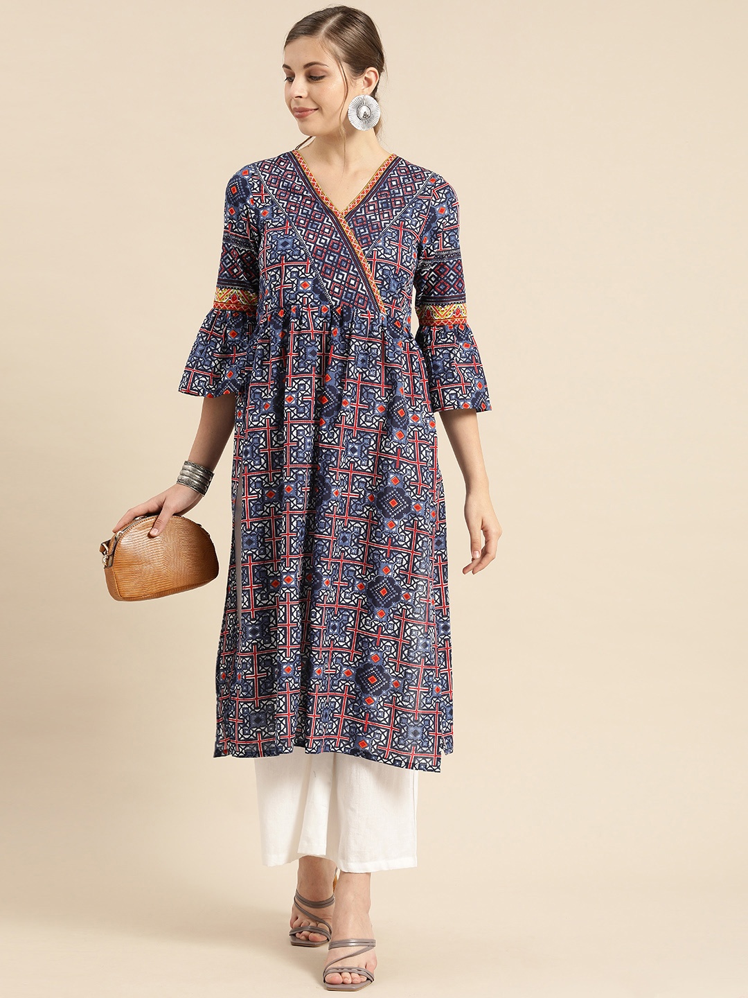 Anouk Women Navy Blue Ethnic Print Angrakha Style V-Neck Bell Sleeves Pure Cotton Kurta
Anouk Women Navy Blue Ethnic Print Angrakha Style V-Neck Bell Sleeves Pure Cotton Kurta