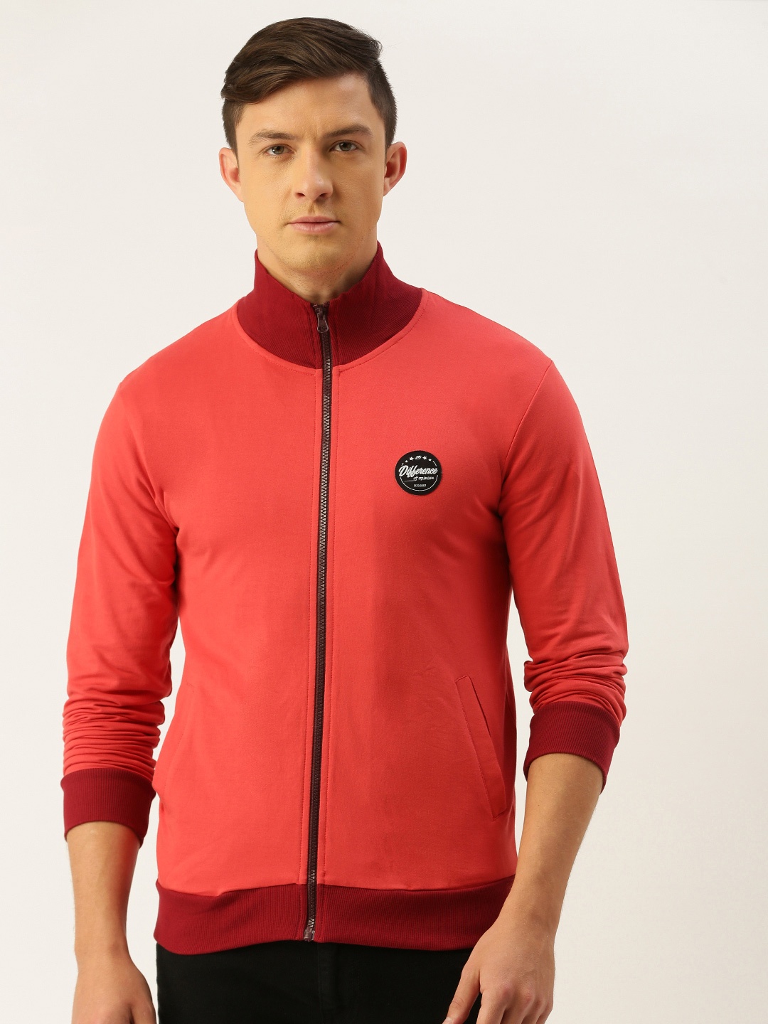 Difference of Opinion Men Coral Red Solid Sweatshirt