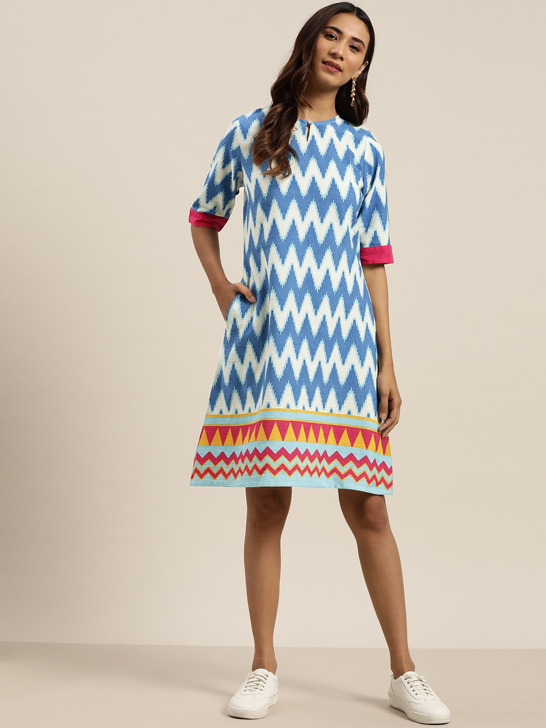 Sangria White & Blue Chevron Print Pure Cotton A-Line Dress