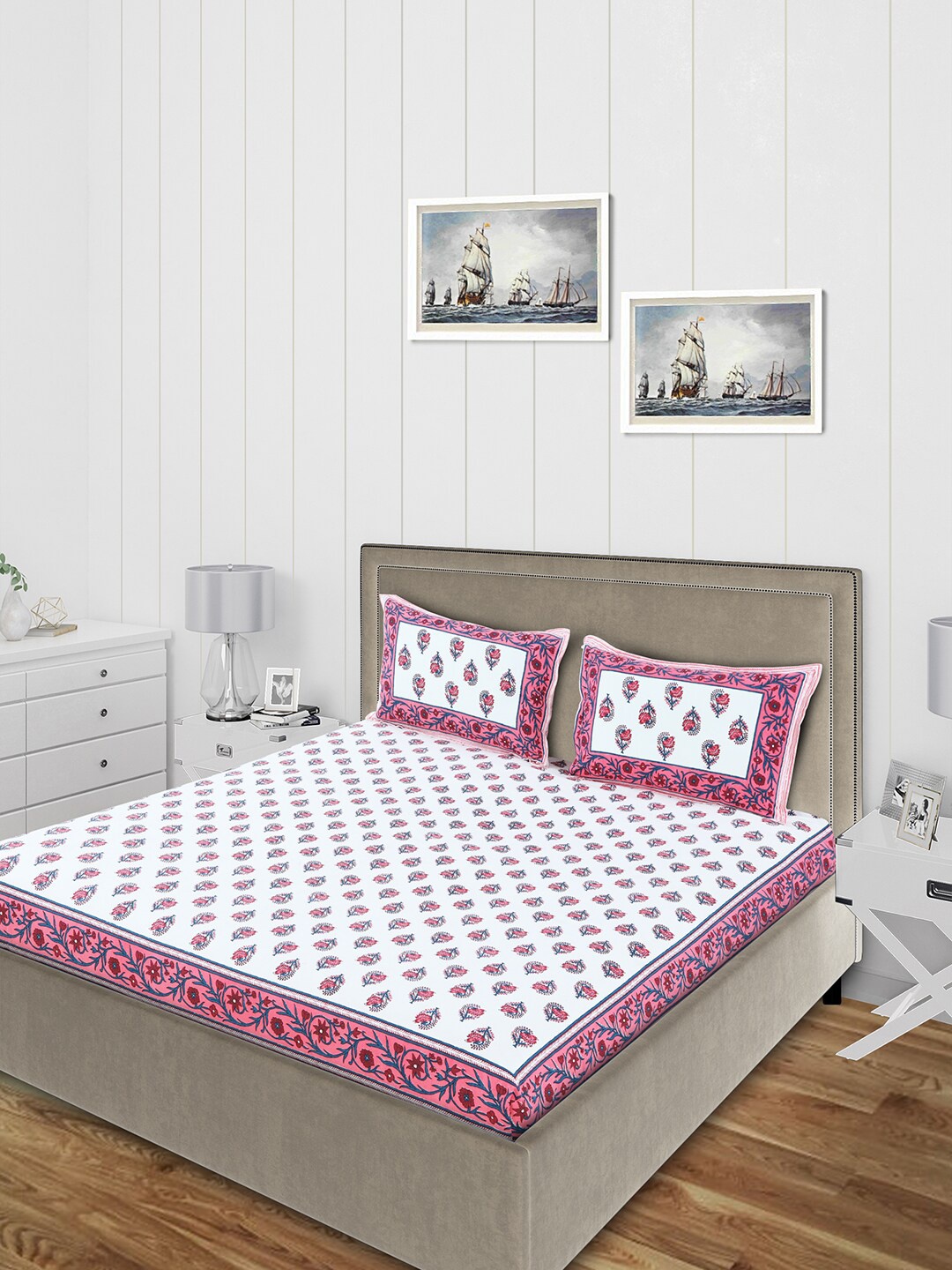 Salona Bichona White & Pink Floral 120 TC Cotton Double Queen Bedsheet With 2 Pillow Covers
Salona Bichona White & Pink Floral 120 TC Cotton Double Queen Bedsheet With 2 Pillow Covers