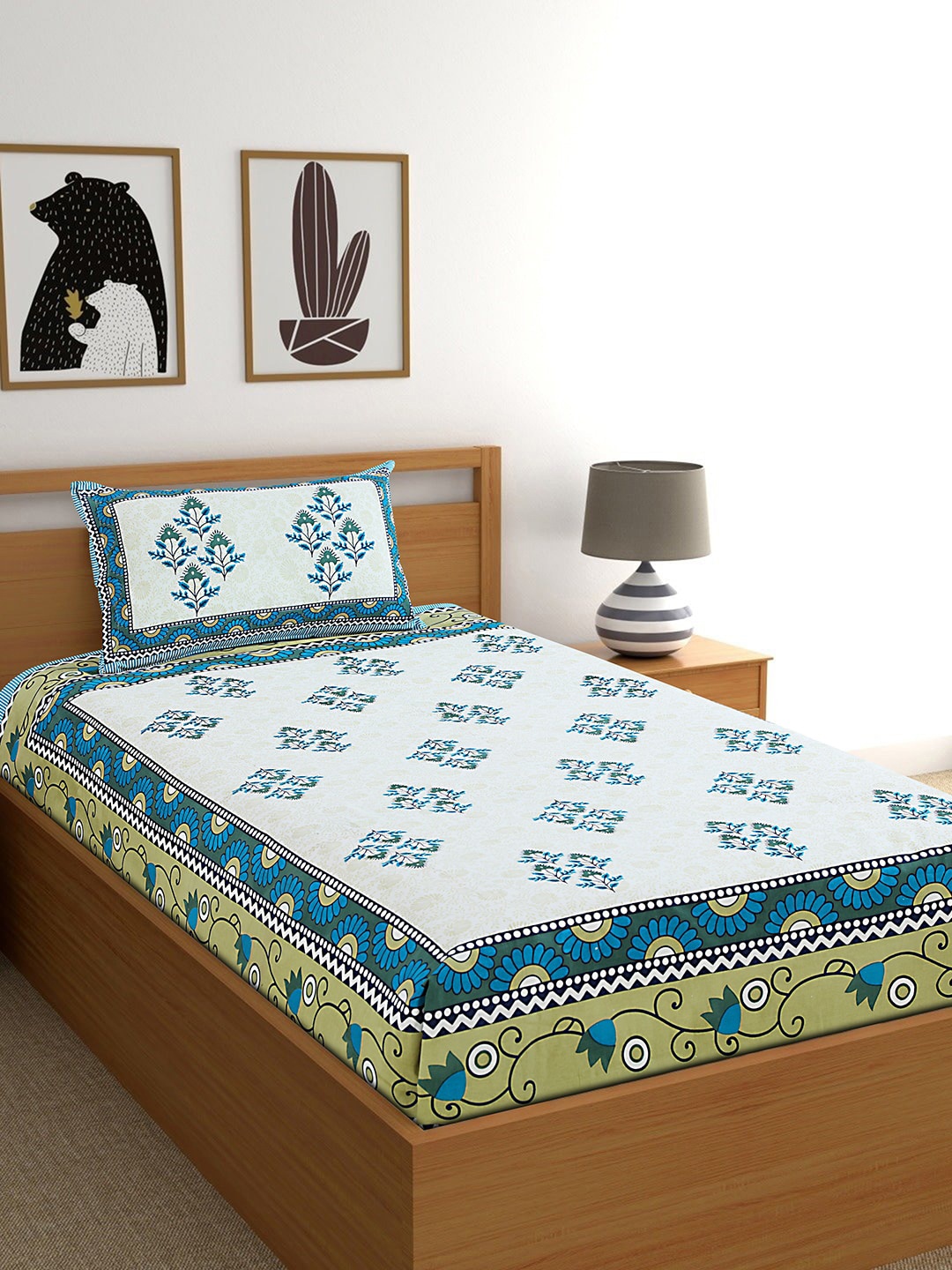 Salona Bichona White & Blue Ethnic Motifs 120 TC Cotton 1 Single Bedsheet With 1 Pillow Cover
Salona Bichona White & Blue Ethnic Motifs 120 TC Cotton 1 Single Bedsheet With 1 Pillow Cover