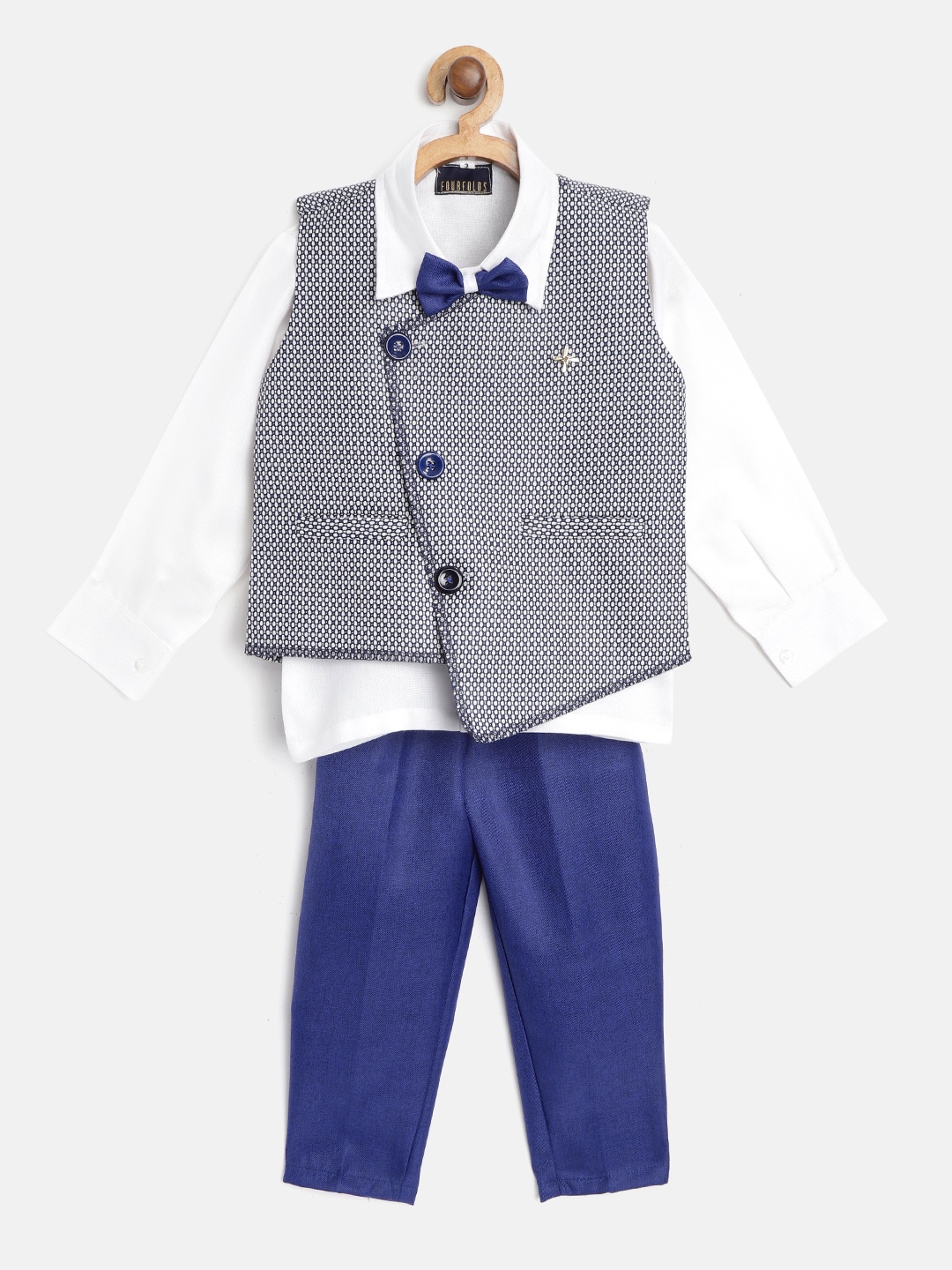 FOURFOLDS Boys White & Navy Blue Solid Shirt with Trousers & Woven Design Waistcoatt
FOURFOLDS Boys White & Navy Blue Solid Shirt with Trousers & Woven Design Waistcoatt