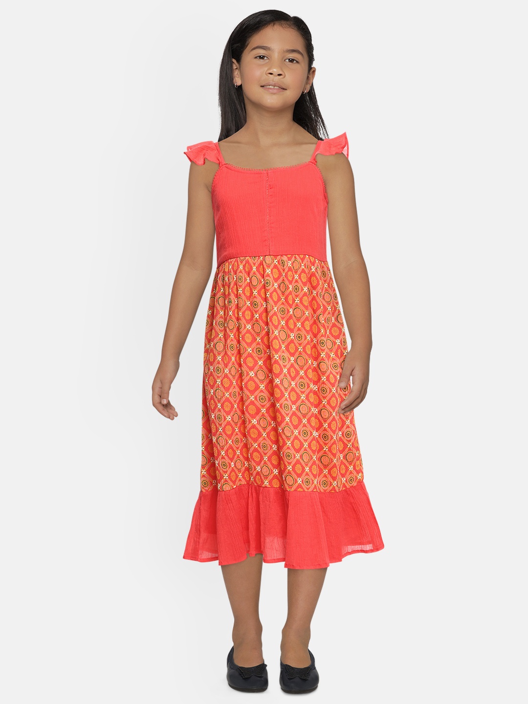 Global Desi Girls Coral Red Printed A-Line Cotton Dress
