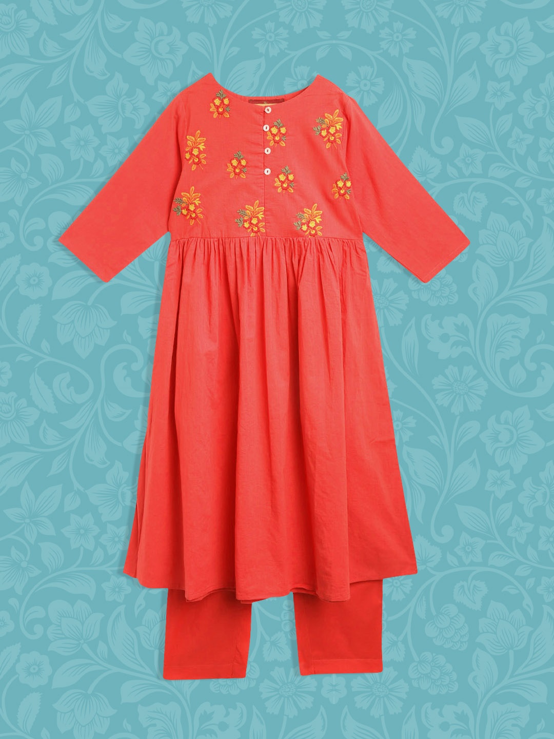 House of Pataudi Girls Coral Red & Yellow Floral Embroidered Pure Cotton Rozana Kurta Set
House of Pataudi Girls Coral Red & Yellow Floral Embroidered Pure Cotton Rozana Kurta Set