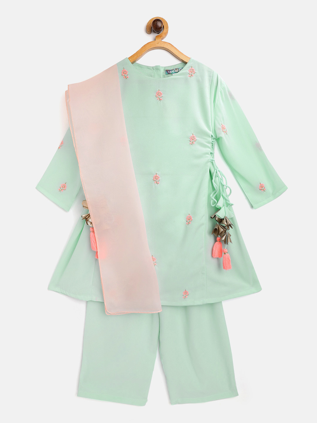 Nauti Nati Girls Sea Green & Golden A-Line Embroidered Kurta with Palazzos & Dupatta 
Nauti Nati Girls Sea Green & Golden A-Line Embroidered Kurta with Palazzos & Dupatta