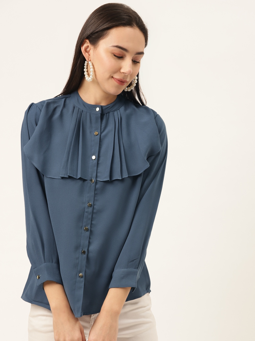 SHECZZAR Women Blue Solid Shirt Style Top