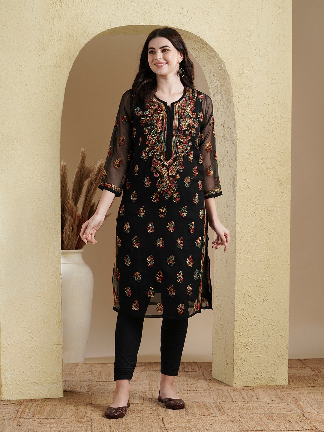 ADA Women Black & Maroon Sheer Chikankari Embroidered Straight Handloom Kurta with Inner
ADA Women Black & Maroon Sheer Chikankari Embroidered Straight Handloom Kurta with Inner