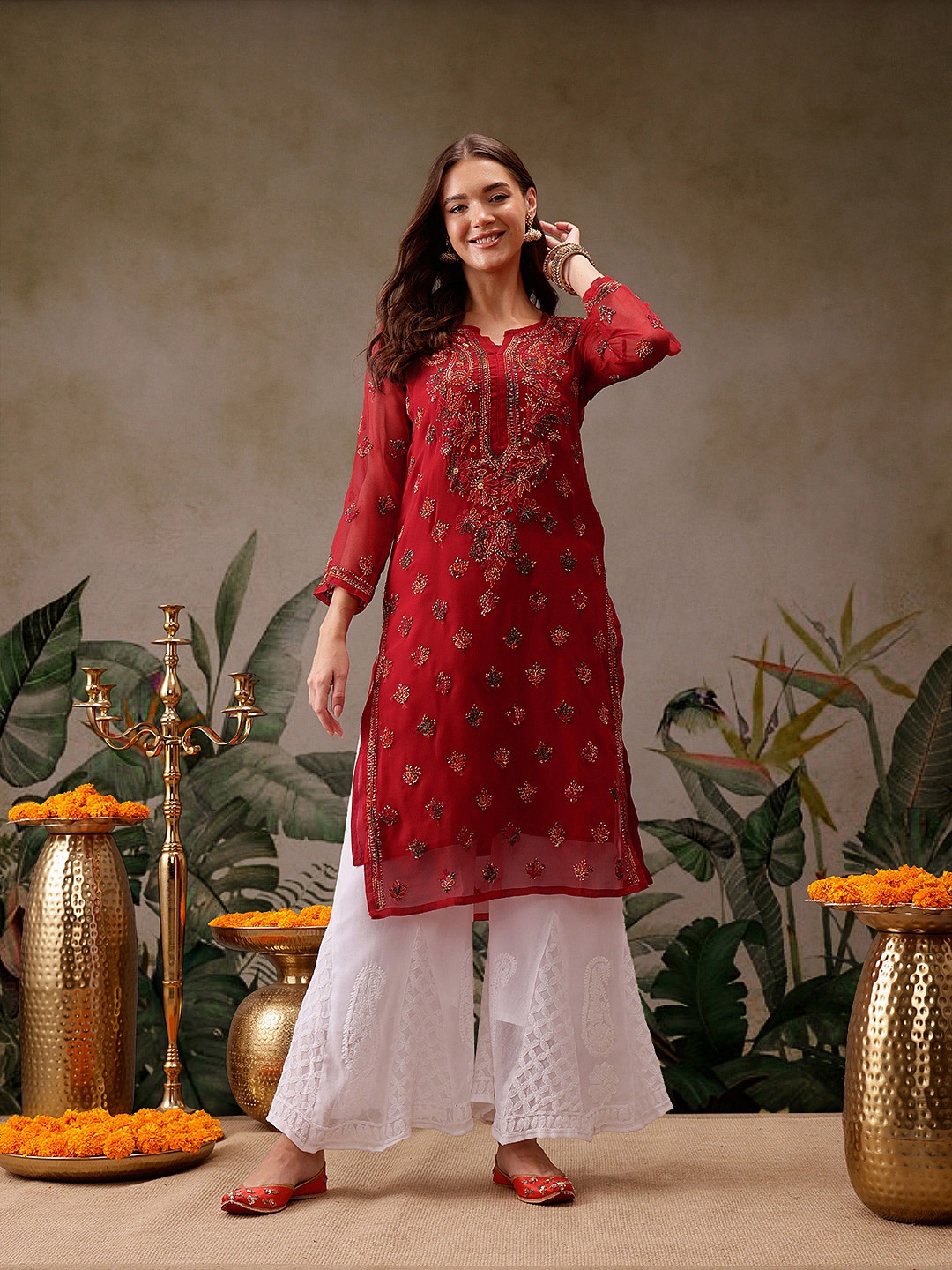 ADA Women Red & Yellow Sheer Chikankari Embroidered Straight Handloom Kurta with Inner
ADA Women Red & Yellow Sheer Chikankari Embroidered Straight Handloom Kurta with Inner