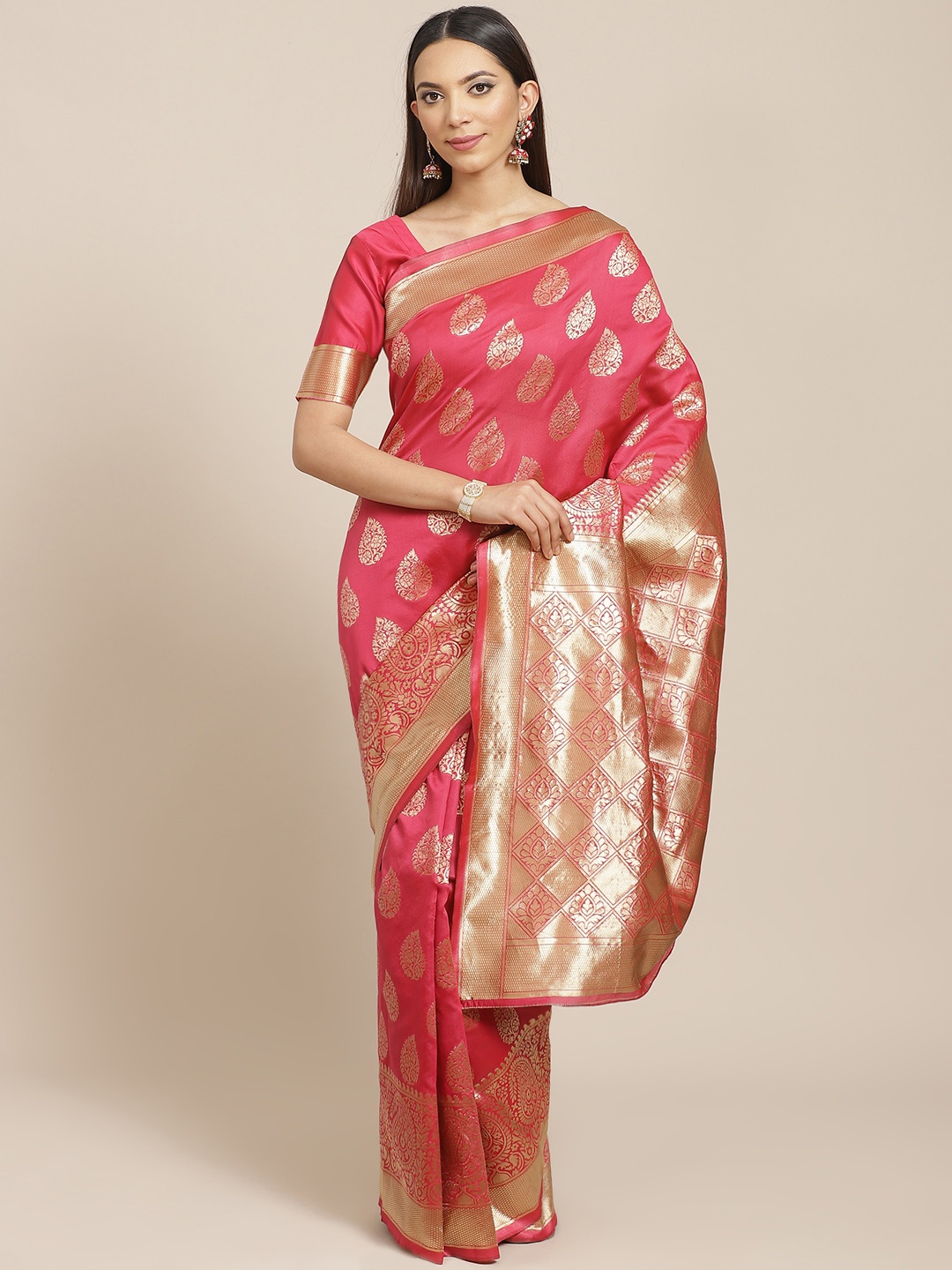 Libas Pink & Golden Woven Design Saree