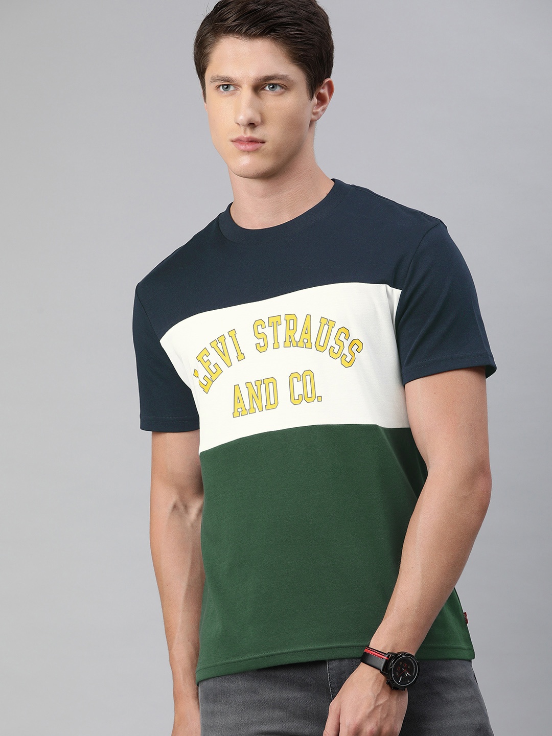 Levis Men Navy Blue Green Colourblocked Round Neck Pure Cotton T-shirt with Logo Print
Levis Men Navy Blue Green Colourblocked Round Neck Pure Cotton T-shirt with Logo Print