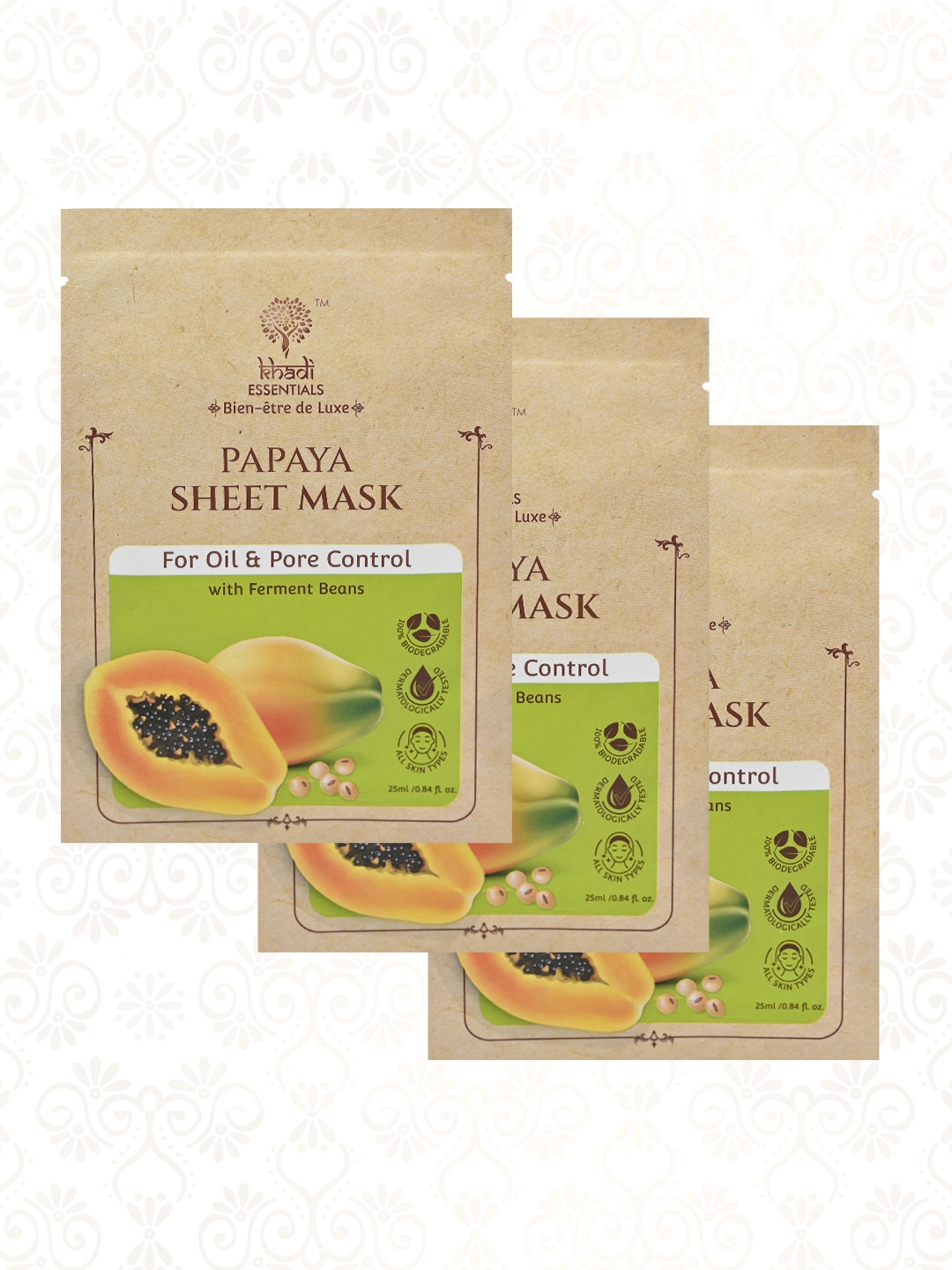 Khadi Essentials Papaya Serum Sheet Mask For Oil and Pore Control with Fermented Beans, Green
Khadi Essentials Papaya Serum Sheet Mask For Oil and Pore Control with Fermented Beans, Green